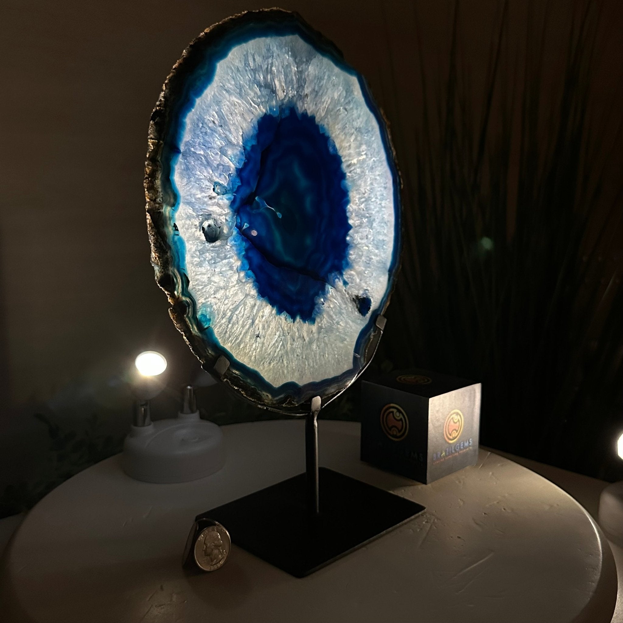 Brazilian Blue Agate Slice on a Metal Stand, 12.3" Tall #5055 - 0146 - Brazil GemsBrazil GemsBrazilian Blue Agate Slice on a Metal Stand, 12.3" Tall #5055 - 0146Slices on Fixed Bases5055 - 0146