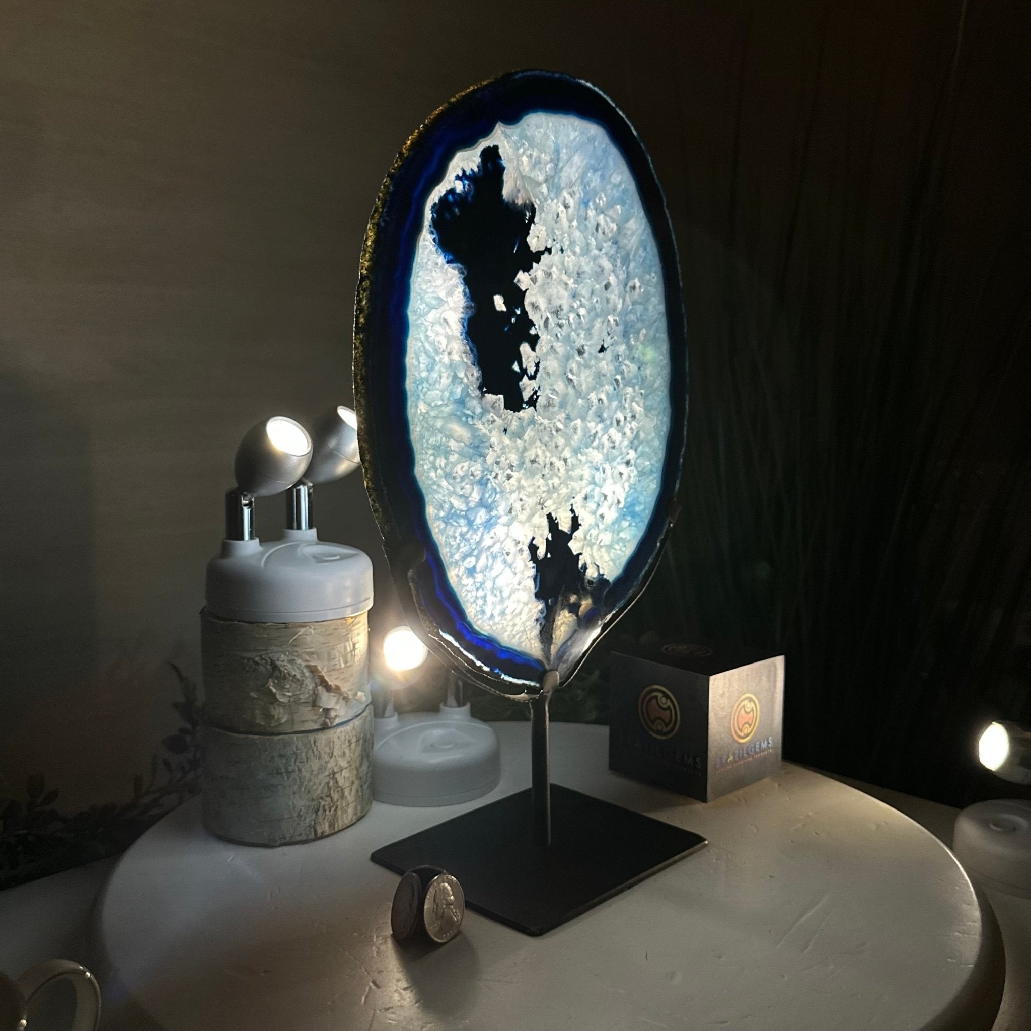 Brazilian Blue Agate Slice on a Metal Stand, 13.2" Tall #5055 - 0151 - Brazil GemsBrazil GemsBrazilian Blue Agate Slice on a Metal Stand, 13.2" Tall #5055 - 0151Slices on Fixed Bases5055 - 0151