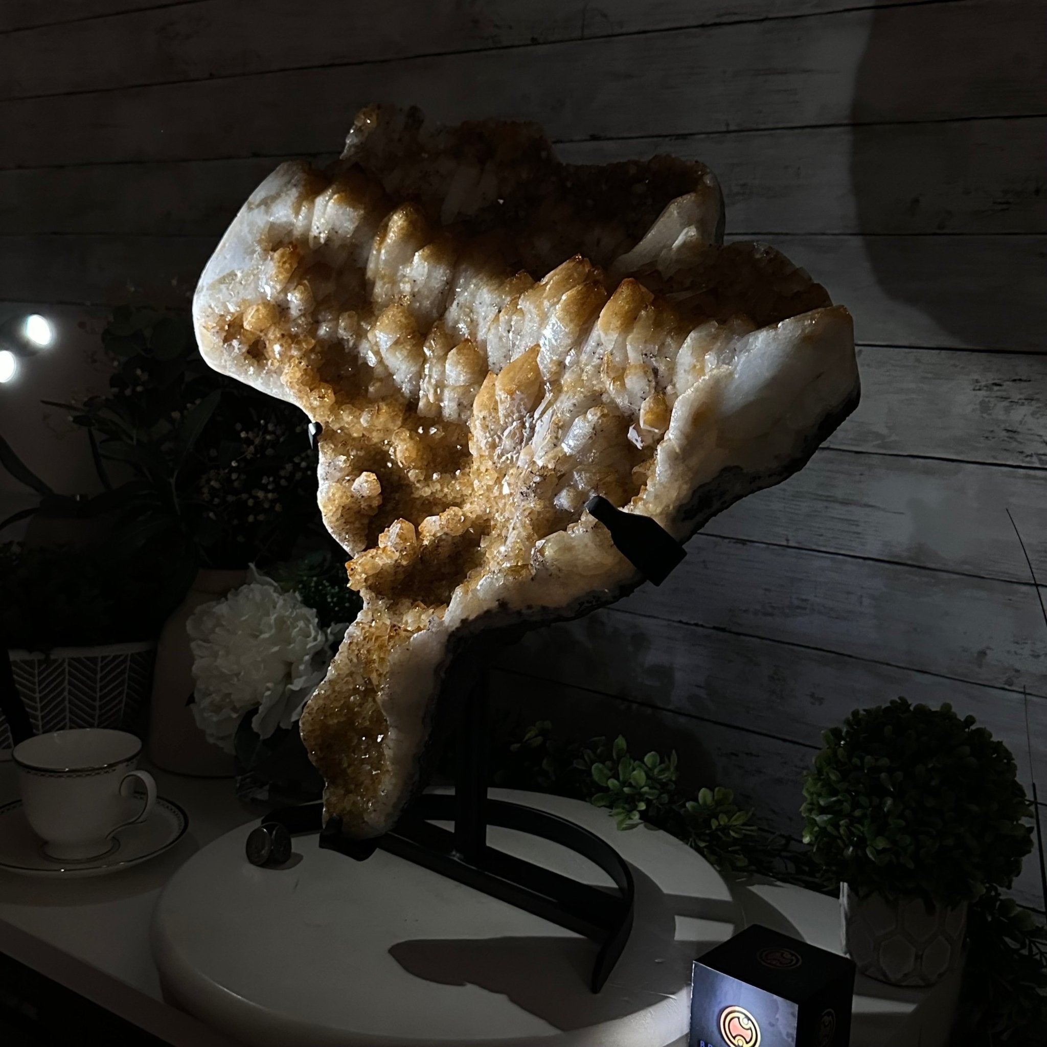 Brazilian Citrine Cluster on a Metal Stand, 37.5 lbs & 20.8" Tall #5496 - 0061 - Brazil GemsBrazil GemsBrazilian Citrine Cluster on a Metal Stand, 37.5 lbs & 20.8" Tall #5496 - 0061Clusters on Fixed Bases5496 - 0061