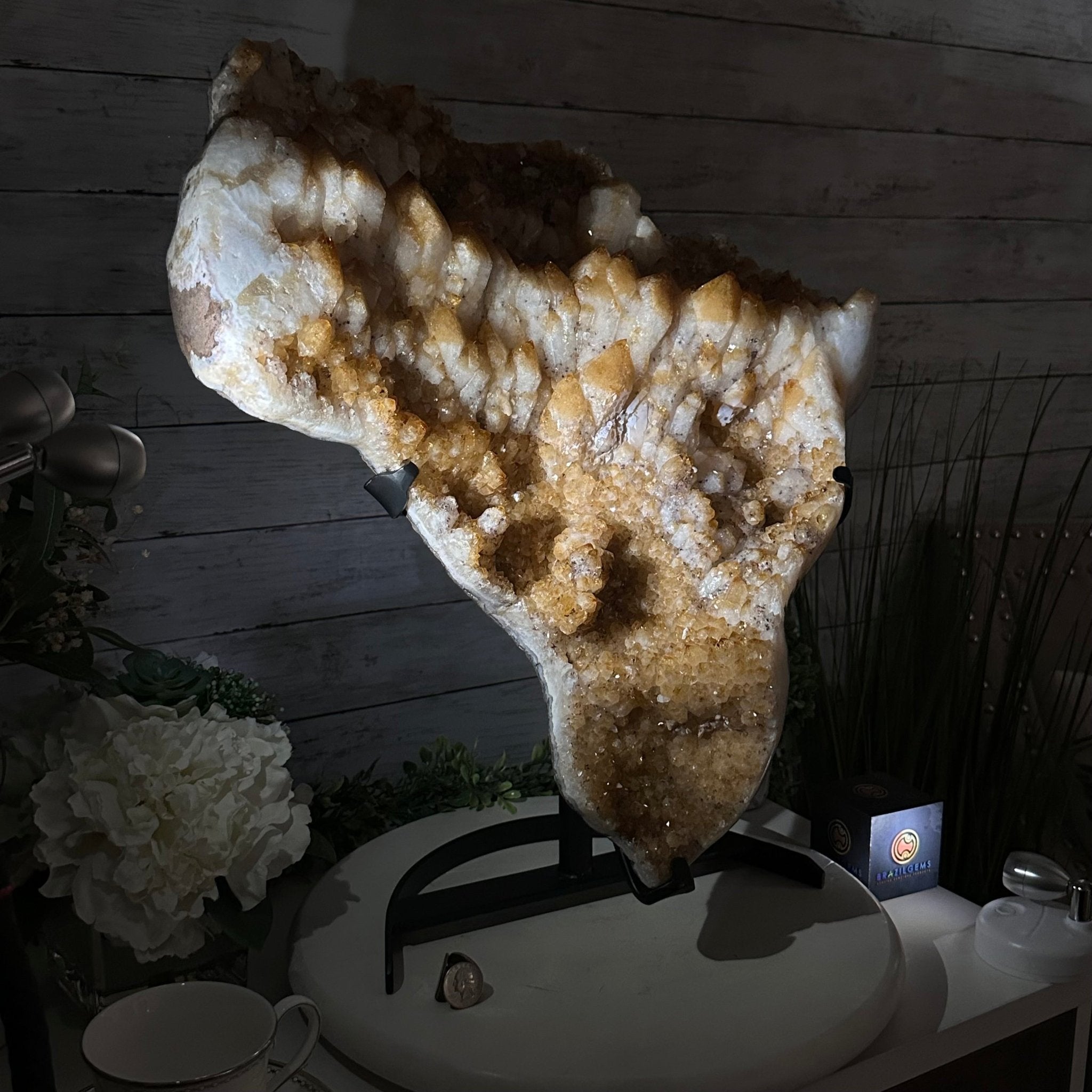 Brazilian Citrine Cluster on a Metal Stand, 37.5 lbs & 20.8" Tall #5496 - 0061 - Brazil GemsBrazil GemsBrazilian Citrine Cluster on a Metal Stand, 37.5 lbs & 20.8" Tall #5496 - 0061Clusters on Fixed Bases5496 - 0061