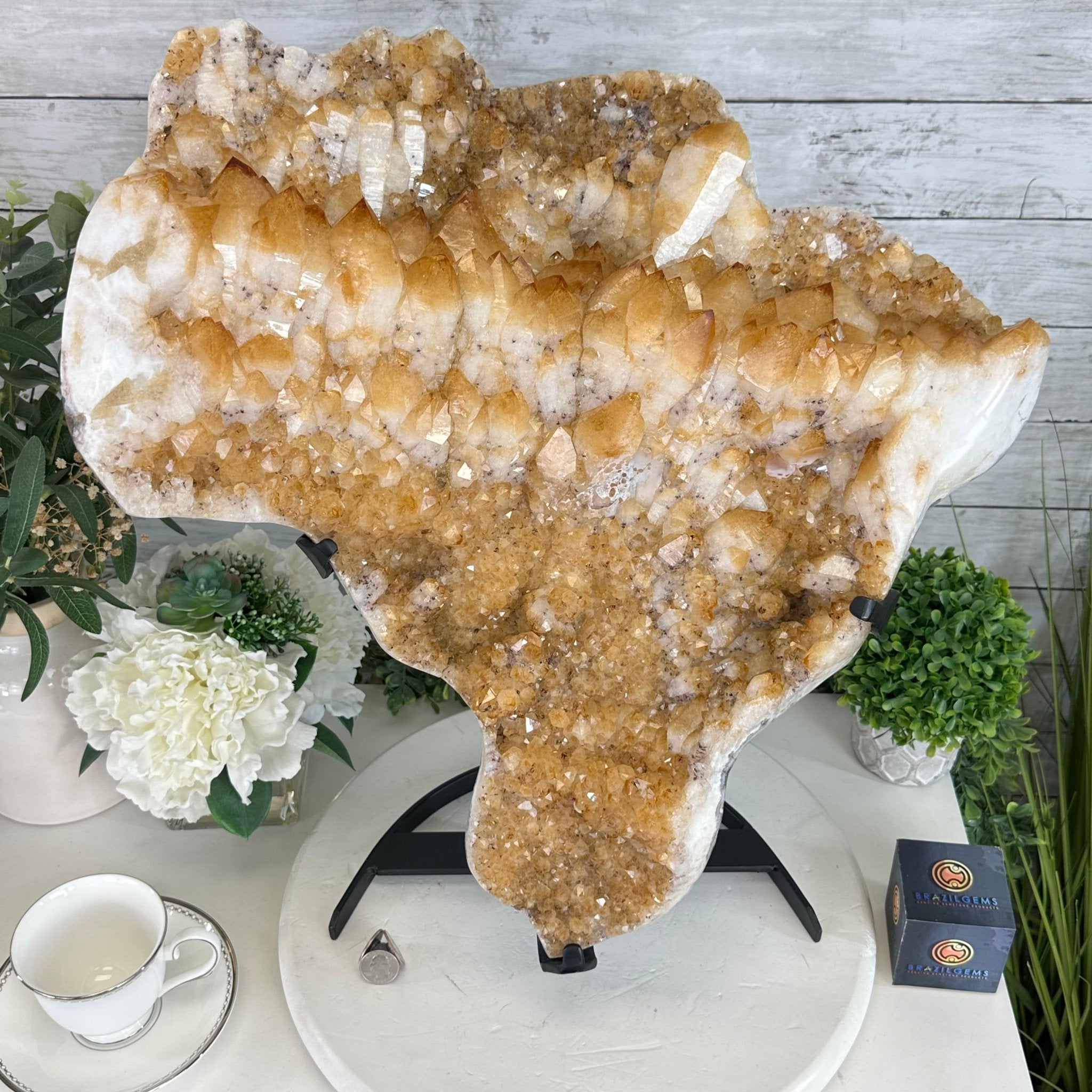 Brazilian Citrine Cluster on a Metal Stand, 37.5 lbs & 20.8" Tall #5496 - 0061 - Brazil GemsBrazil GemsBrazilian Citrine Cluster on a Metal Stand, 37.5 lbs & 20.8" Tall #5496 - 0061Clusters on Fixed Bases5496 - 0061