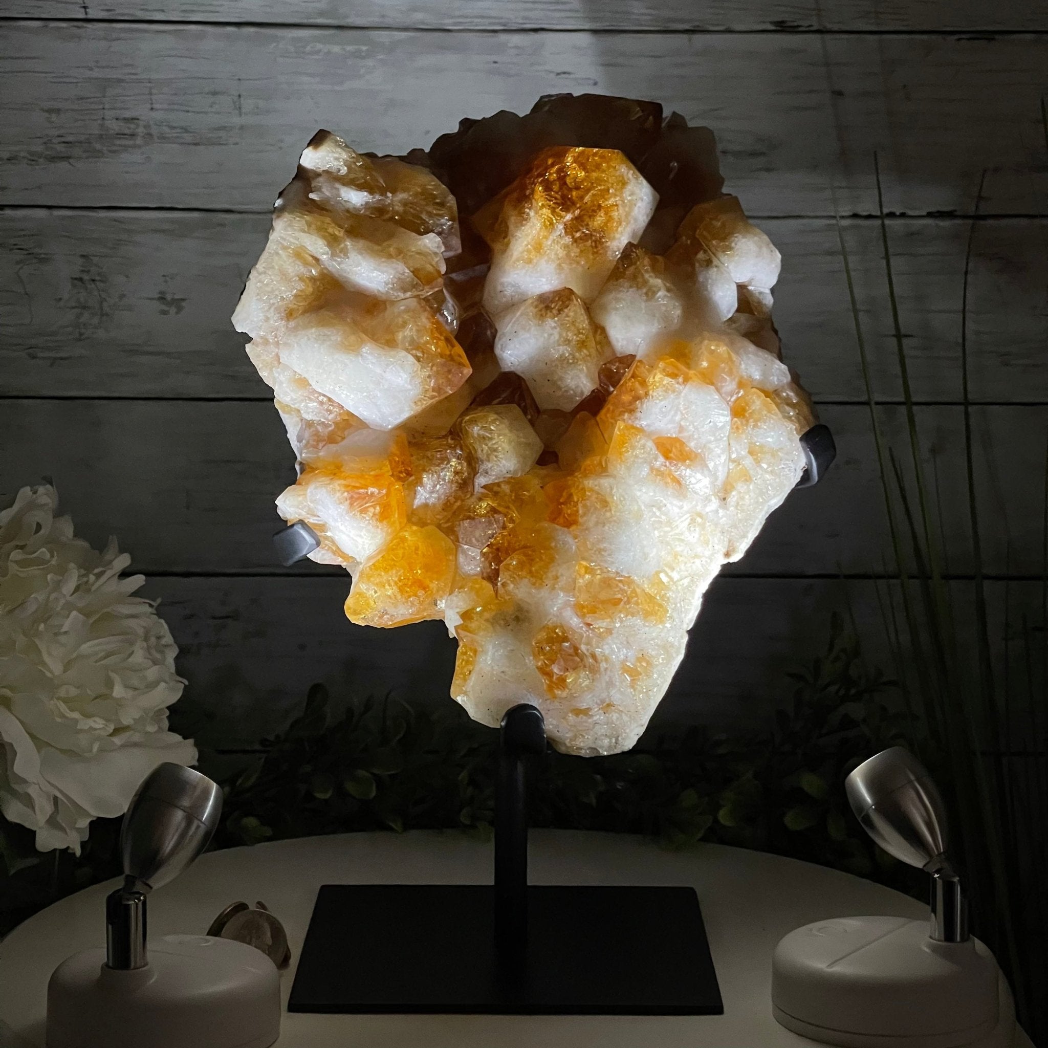 Brazilian Citrine Crystal Cluster, metal base, 14.1 lbs & 12.5" Tall Model #5496-0038 by Brazil Gems - Brazil GemsBrazil GemsBrazilian Citrine Crystal Cluster, metal base, 14.1 lbs & 12.5" Tall Model #5496-0038 by Brazil GemsClusters on Fixed Bases5496-0038
