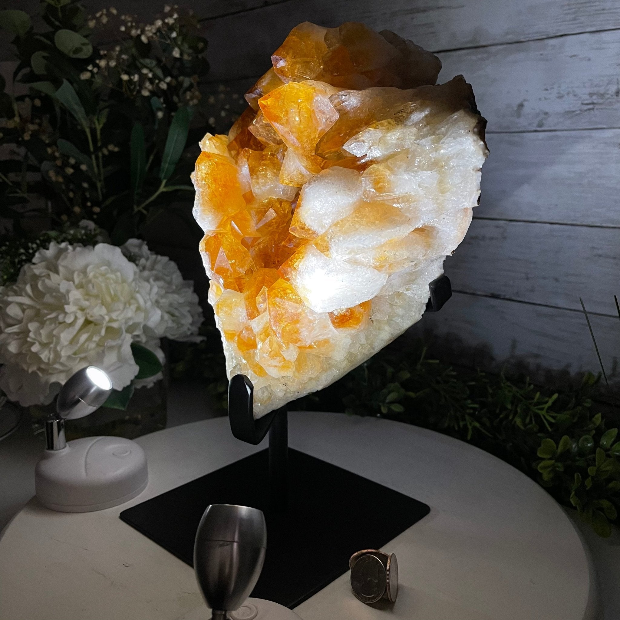 Brazilian Citrine Crystal Cluster, metal base, 14.6 lbs & 11.5" Tall Model #5496-0039 by Brazil Gems - Brazil GemsBrazil GemsBrazilian Citrine Crystal Cluster, metal base, 14.6 lbs & 11.5" Tall Model #5496-0039 by Brazil GemsClusters on Fixed Bases5496-0039