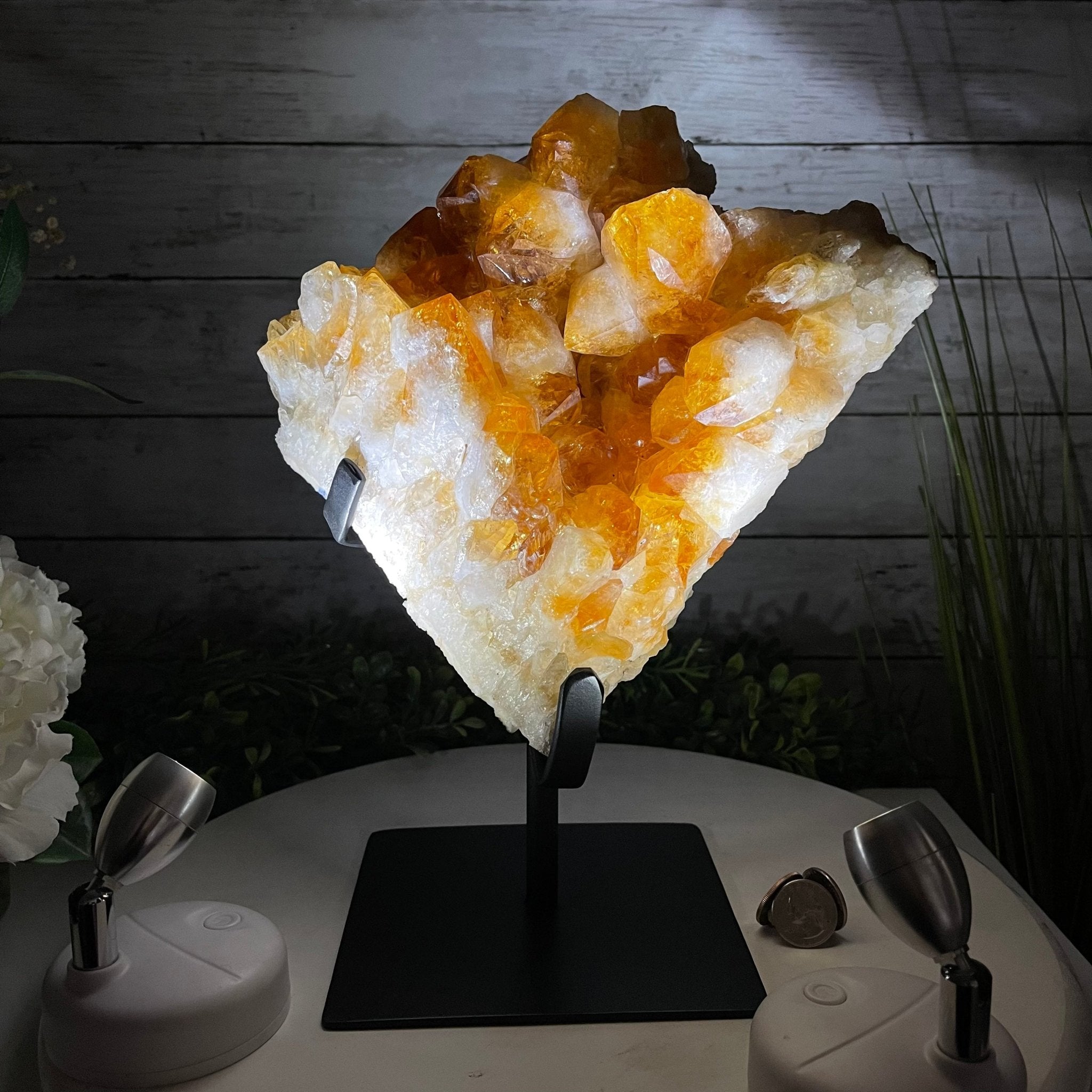 Brazilian Citrine Crystal Cluster, metal base, 14.6 lbs & 11.5" Tall Model #5496-0039 by Brazil Gems - Brazil GemsBrazil GemsBrazilian Citrine Crystal Cluster, metal base, 14.6 lbs & 11.5" Tall Model #5496-0039 by Brazil GemsClusters on Fixed Bases5496-0039