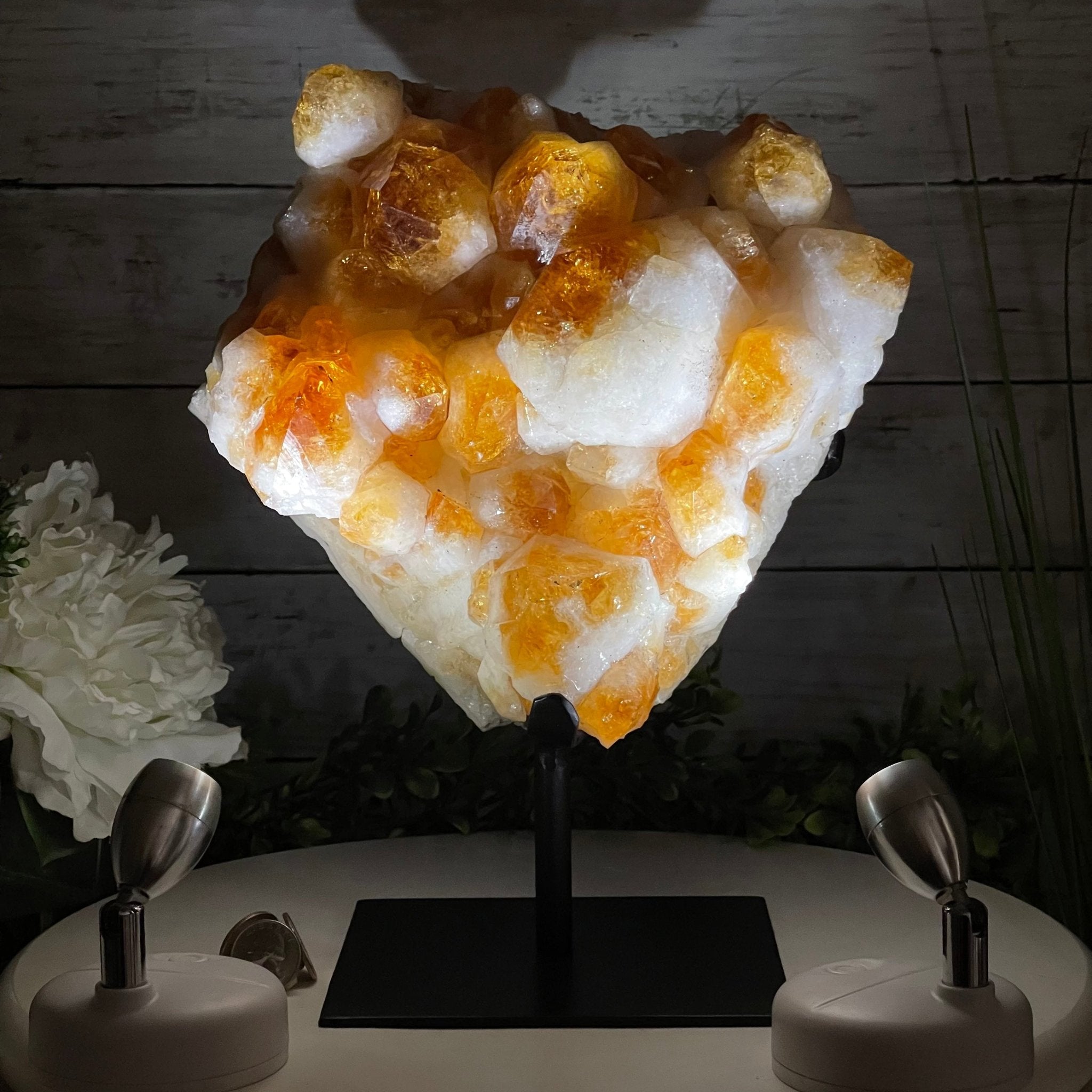 Brazilian Citrine Crystal Cluster, metal base, 17.4 lbs & 12" Tall Model #5496-0045 by Brazil Gems - Brazil GemsBrazil GemsBrazilian Citrine Crystal Cluster, metal base, 17.4 lbs & 12" Tall Model #5496-0045 by Brazil GemsClusters on Fixed Bases5496-0045