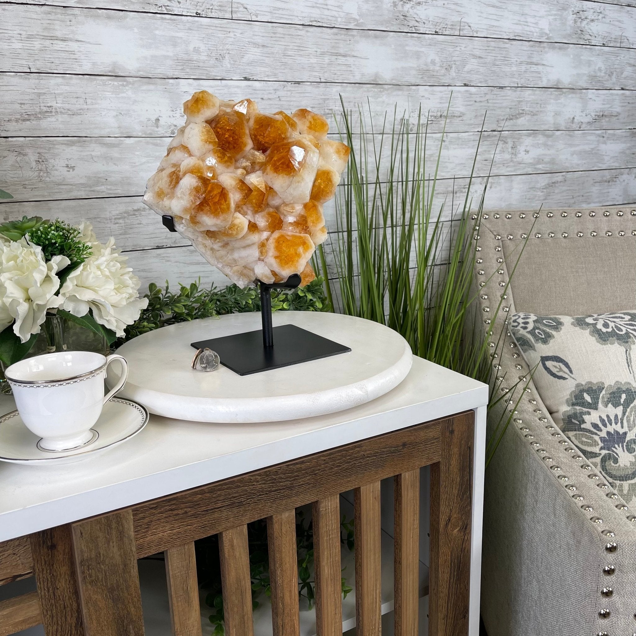 Brazilian Citrine Crystal Cluster, metal base, 17.4 lbs & 12" Tall Model #5496-0045 by Brazil Gems - Brazil GemsBrazil GemsBrazilian Citrine Crystal Cluster, metal base, 17.4 lbs & 12" Tall Model #5496-0045 by Brazil GemsClusters on Fixed Bases5496-0045