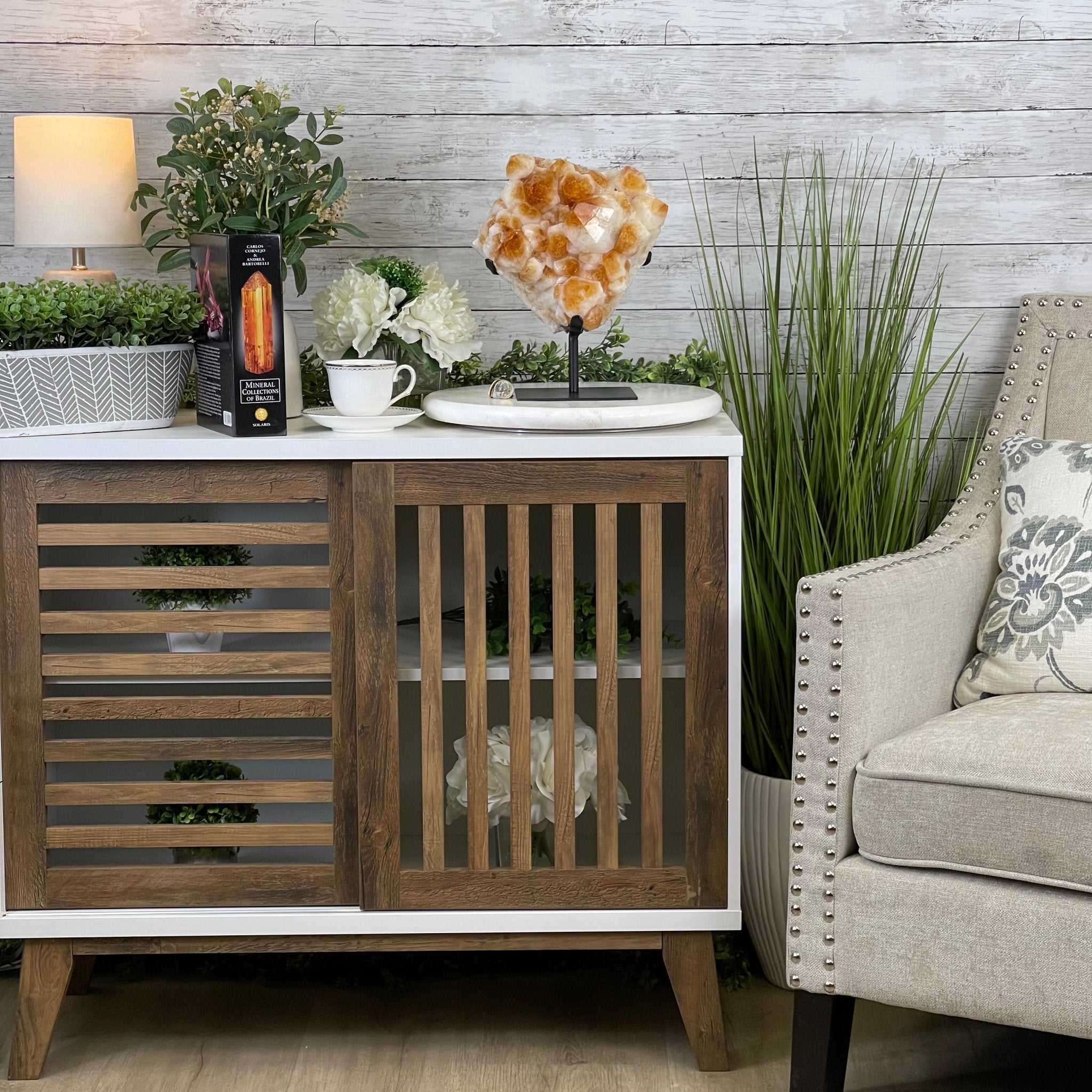 Brazilian Citrine Crystal Cluster, metal base, 17.4 lbs & 12" Tall Model #5496-0045 by Brazil Gems - Brazil GemsBrazil GemsBrazilian Citrine Crystal Cluster, metal base, 17.4 lbs & 12" Tall Model #5496-0045 by Brazil GemsClusters on Fixed Bases5496-0045