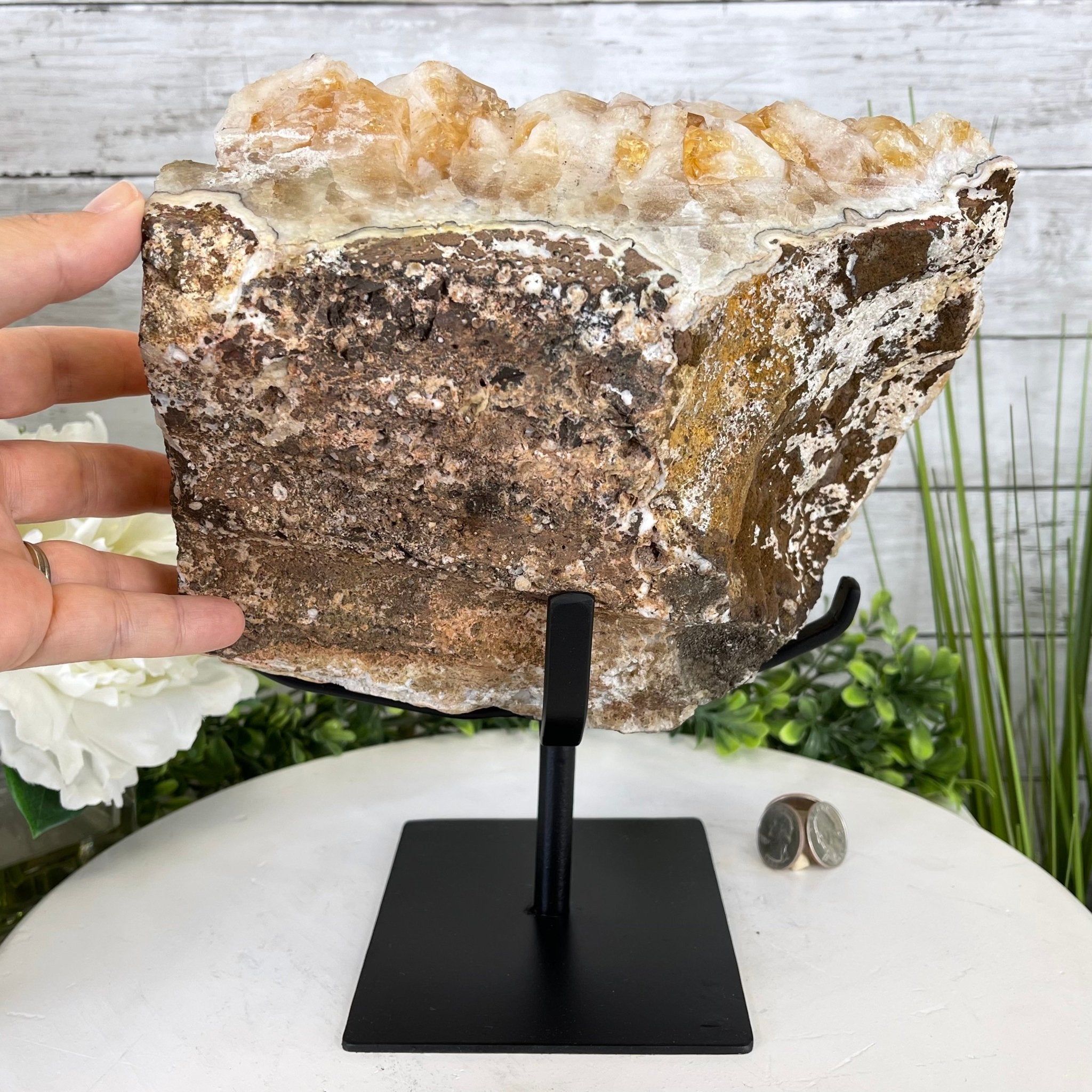Brazilian Citrine Crystal Cluster, metal base, 21.6 lbs & 10.8" Tall Model #5496-0048 by Brazil Gems - Brazil GemsBrazil GemsBrazilian Citrine Crystal Cluster, metal base, 21.6 lbs & 10.8" Tall Model #5496-0048 by Brazil GemsClusters on Fixed Bases5496-0048