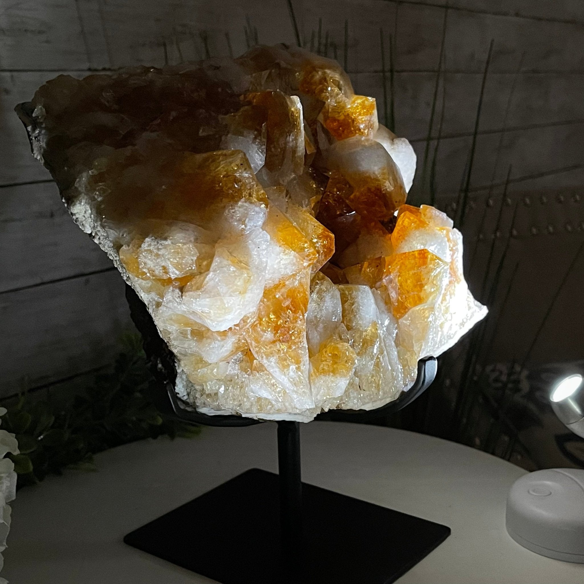Brazilian Citrine Crystal Cluster, metal base, 21.6 lbs & 10.8" Tall Model #5496-0048 by Brazil Gems - Brazil GemsBrazil GemsBrazilian Citrine Crystal Cluster, metal base, 21.6 lbs & 10.8" Tall Model #5496-0048 by Brazil GemsClusters on Fixed Bases5496-0048