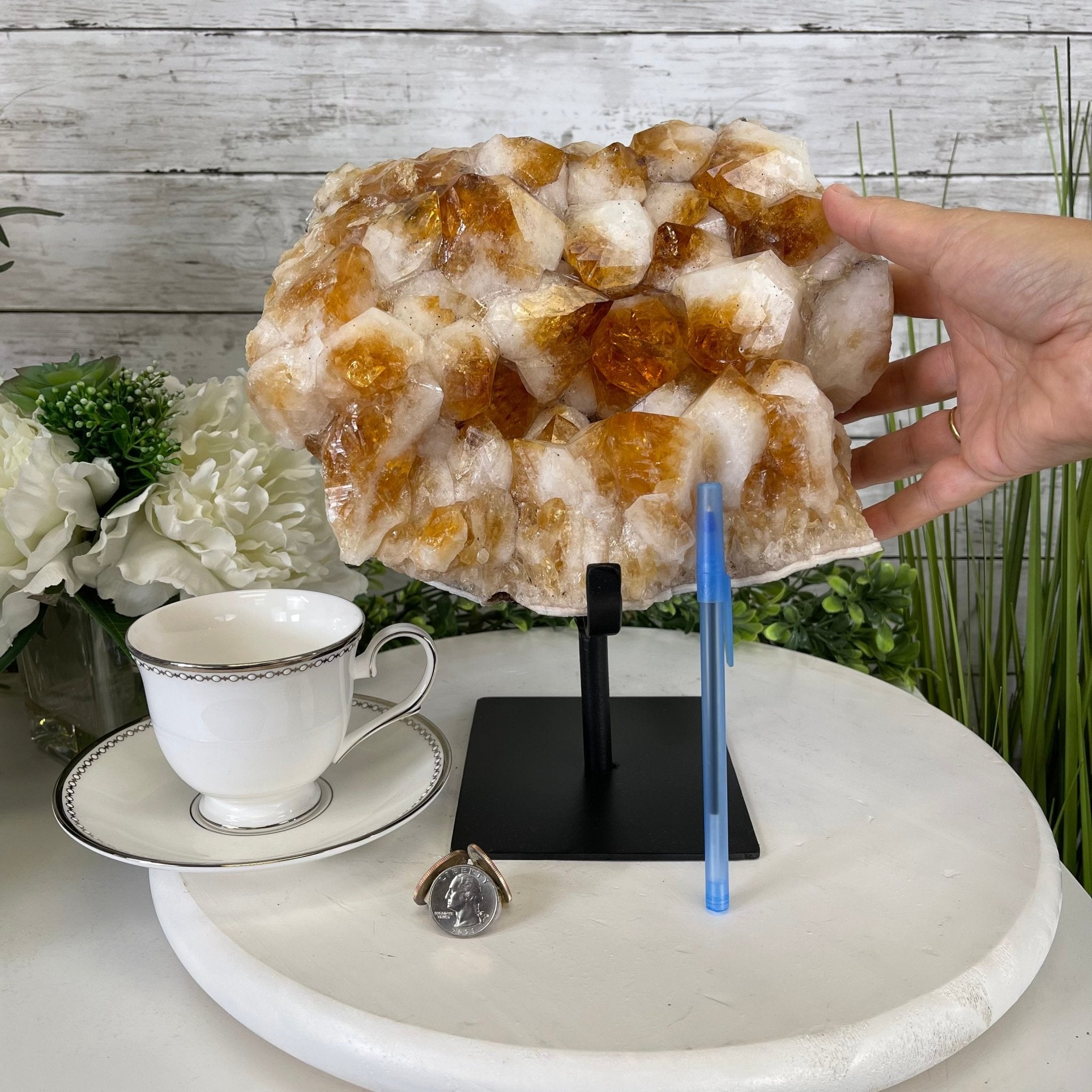 Brazilian Citrine Crystal Cluster, metal base, 21.6 lbs & 10.8" Tall Model #5496-0048 by Brazil Gems - Brazil GemsBrazil GemsBrazilian Citrine Crystal Cluster, metal base, 21.6 lbs & 10.8" Tall Model #5496-0048 by Brazil GemsClusters on Fixed Bases5496-0048