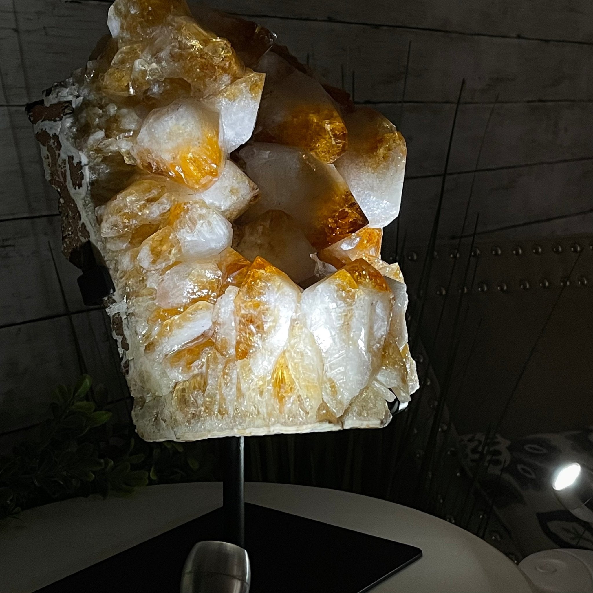 Brazilian Citrine Crystal Cluster, metal base, 21.8 lbs & 13" Tall Model #5496-0049 by Brazil Gems - Brazil GemsBrazil GemsBrazilian Citrine Crystal Cluster, metal base, 21.8 lbs & 13" Tall Model #5496-0049 by Brazil GemsClusters on Fixed Bases5496-0049