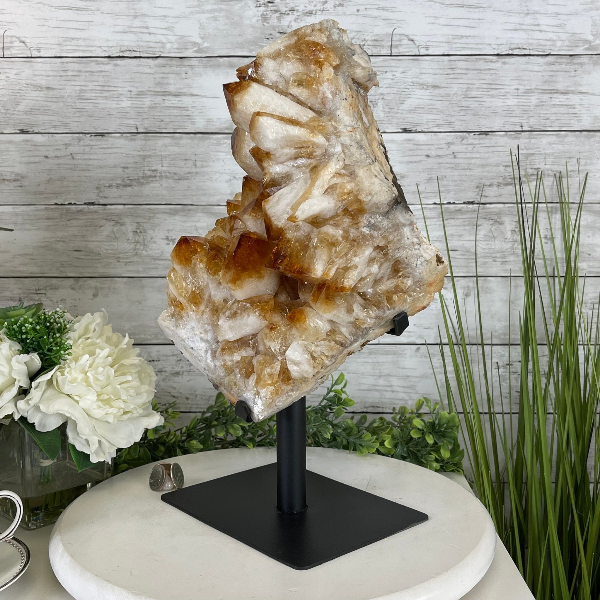 Brazilian Citrine Crystal Cluster, metal base, 26.2 lbs & 16.5" Tall Model #5496-0050 by Brazil Gems - Brazil GemsBrazil GemsBrazilian Citrine Crystal Cluster, metal base, 26.2 lbs & 16.5" Tall Model #5496-0050 by Brazil GemsClusters on Fixed Bases5496-0050