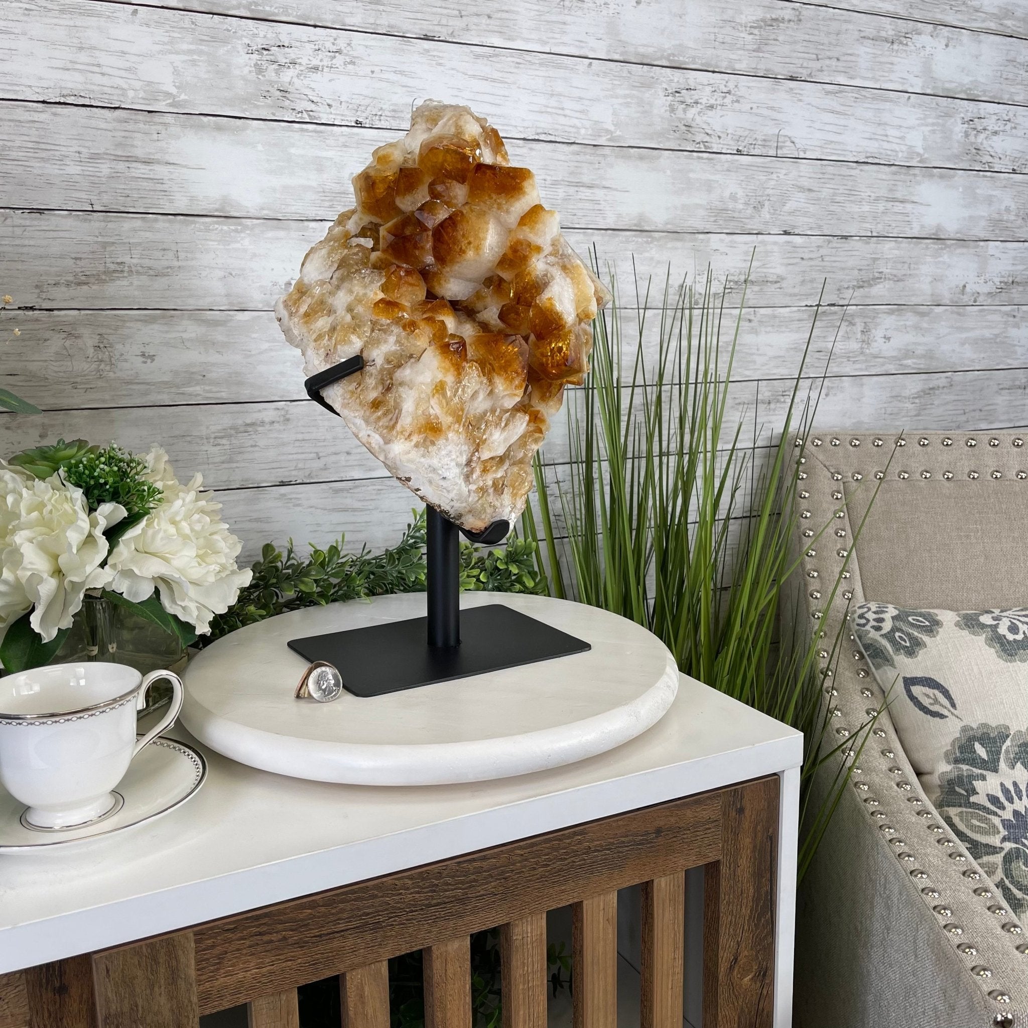 Brazilian Citrine Crystal Cluster, metal base, 26.2 lbs & 16.5" Tall Model #5496-0050 by Brazil Gems - Brazil GemsBrazil GemsBrazilian Citrine Crystal Cluster, metal base, 26.2 lbs & 16.5" Tall Model #5496-0050 by Brazil GemsClusters on Fixed Bases5496-0050