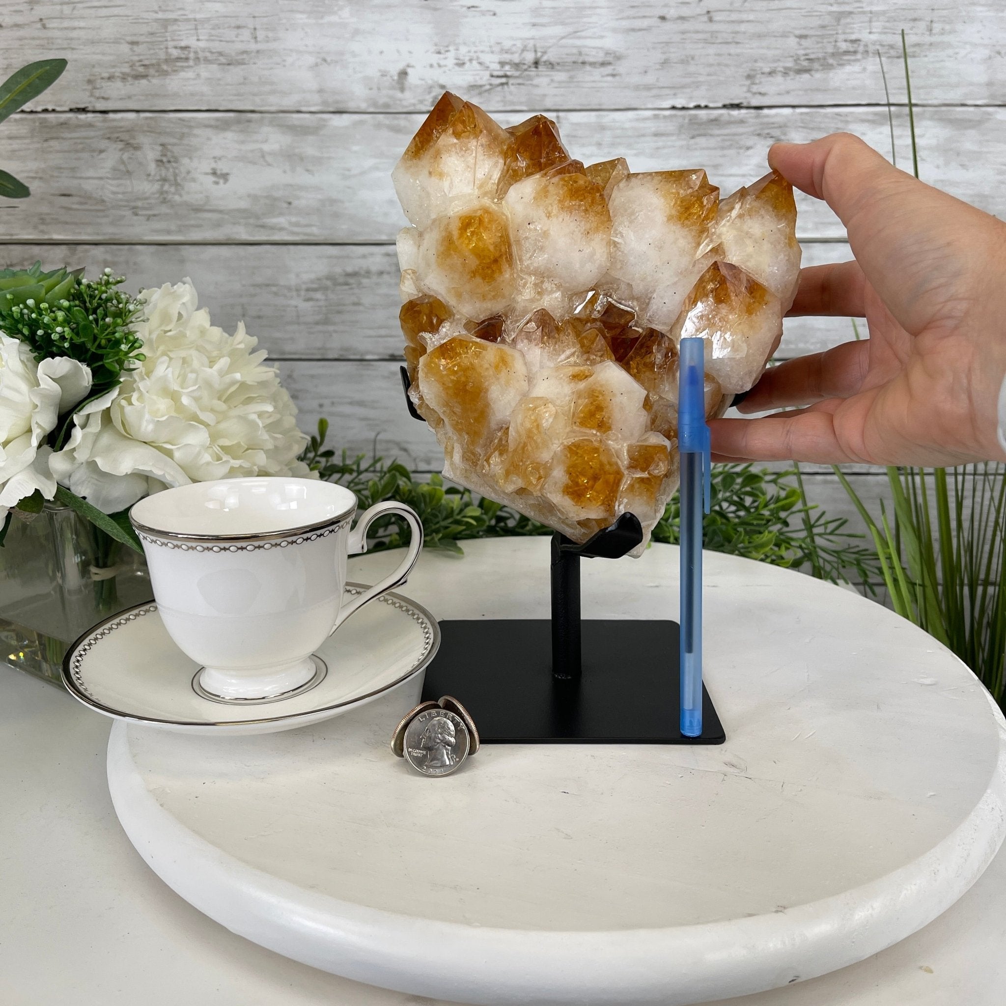 Brazilian Citrine Crystal Cluster, metal base, 7.3 lbs & 9.25" Tall Model #5496-0014 by Brazil Gems - Brazil GemsBrazil GemsBrazilian Citrine Crystal Cluster, metal base, 7.3 lbs & 9.25" Tall Model #5496-0014 by Brazil GemsClusters on Fixed Bases5496-0014