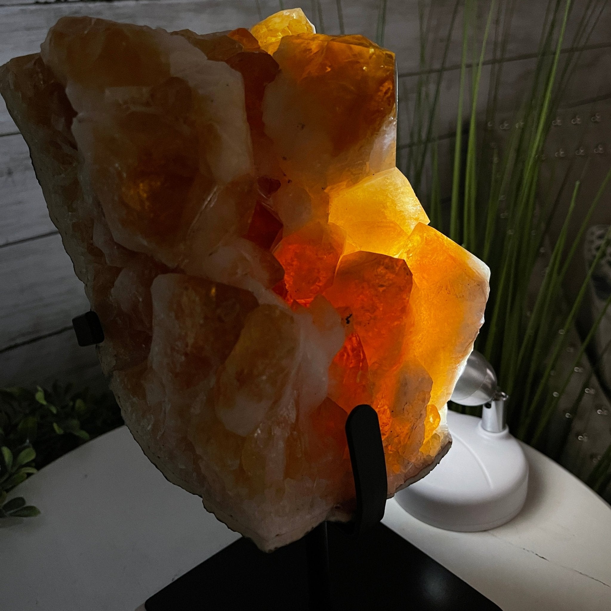 Brazilian Citrine Crystal Cluster, metal base, 9.5 lbs & 10" Tall Model #5496-0023 by Brazil Gems - Brazil GemsBrazil GemsBrazilian Citrine Crystal Cluster, metal base, 9.5 lbs & 10" Tall Model #5496-0023 by Brazil GemsClusters on Fixed Bases5496-0023
