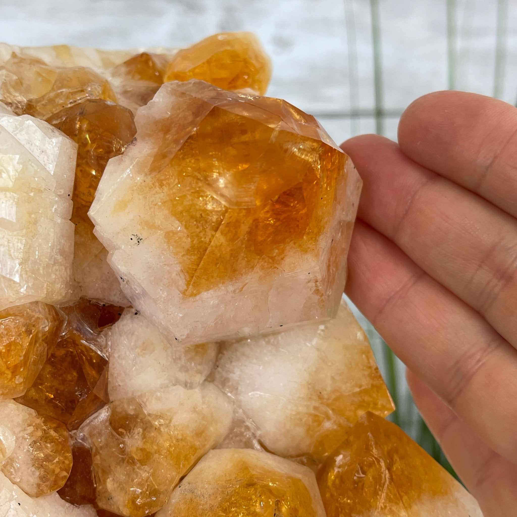 Brazilian Citrine Crystal Cluster, metal base, 9.5 lbs & 10" Tall Model #5496-0023 by Brazil Gems - Brazil GemsBrazil GemsBrazilian Citrine Crystal Cluster, metal base, 9.5 lbs & 10" Tall Model #5496-0023 by Brazil GemsClusters on Fixed Bases5496-0023