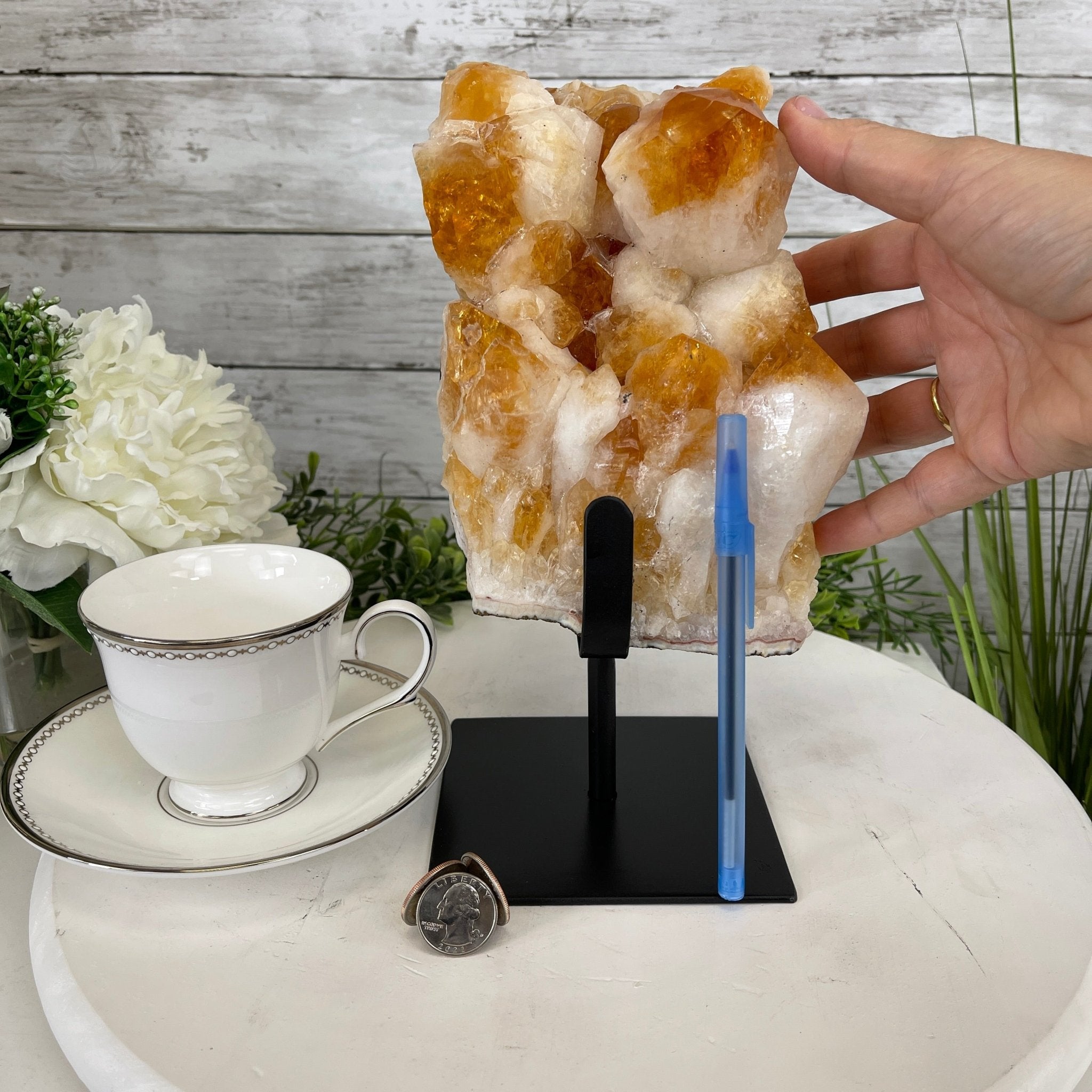 Brazilian Citrine Crystal Cluster, metal base, 9.5 lbs & 10" Tall Model #5496-0023 by Brazil Gems - Brazil GemsBrazil GemsBrazilian Citrine Crystal Cluster, metal base, 9.5 lbs & 10" Tall Model #5496-0023 by Brazil GemsClusters on Fixed Bases5496-0023