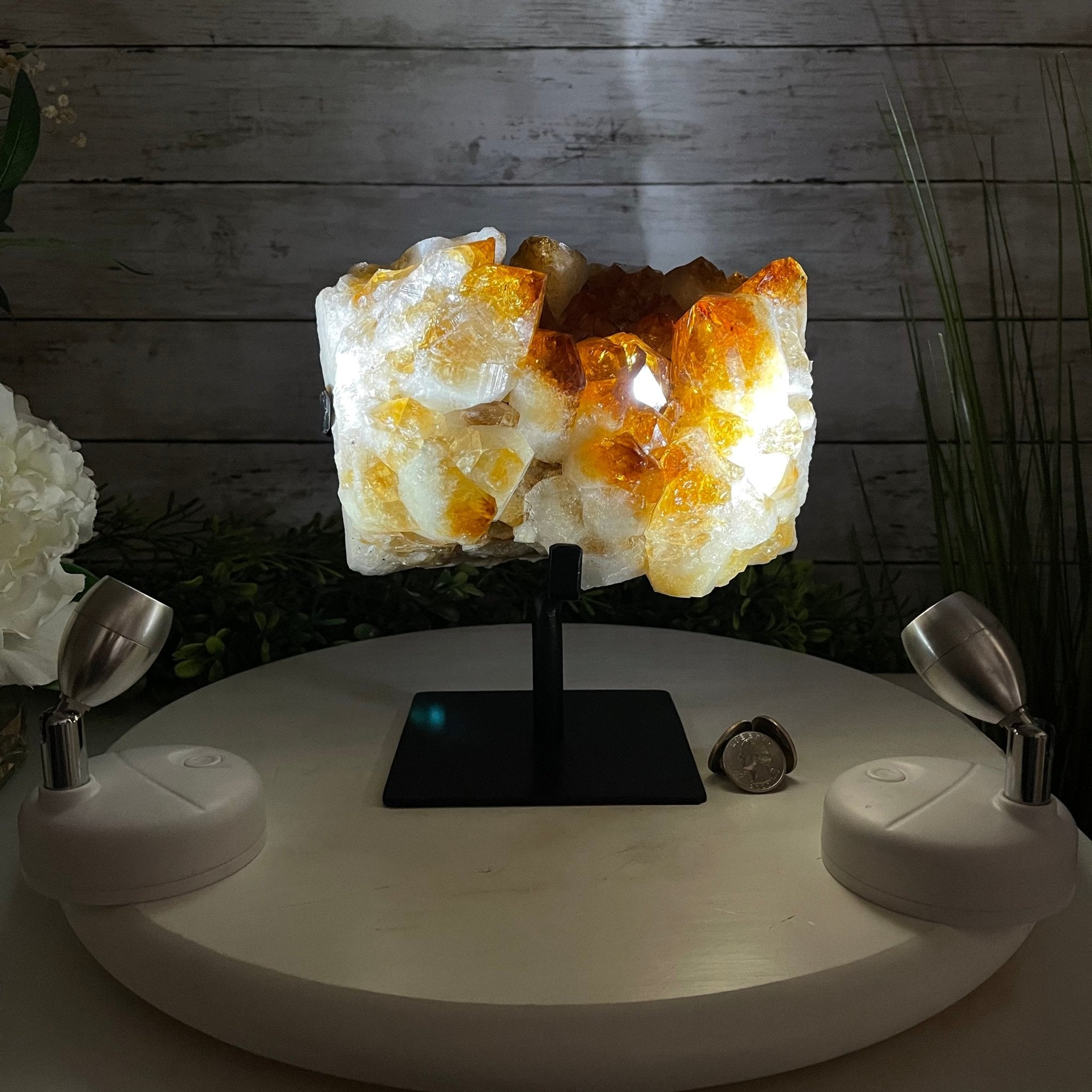 Brazilian Citrine Crystal Cluster, metal base, 9.9 lbs & 8" Tall Model #5496-0027 by Brazil Gems - Brazil GemsBrazil GemsBrazilian Citrine Crystal Cluster, metal base, 9.9 lbs & 8" Tall Model #5496-0027 by Brazil GemsClusters on Fixed Bases5496-0027