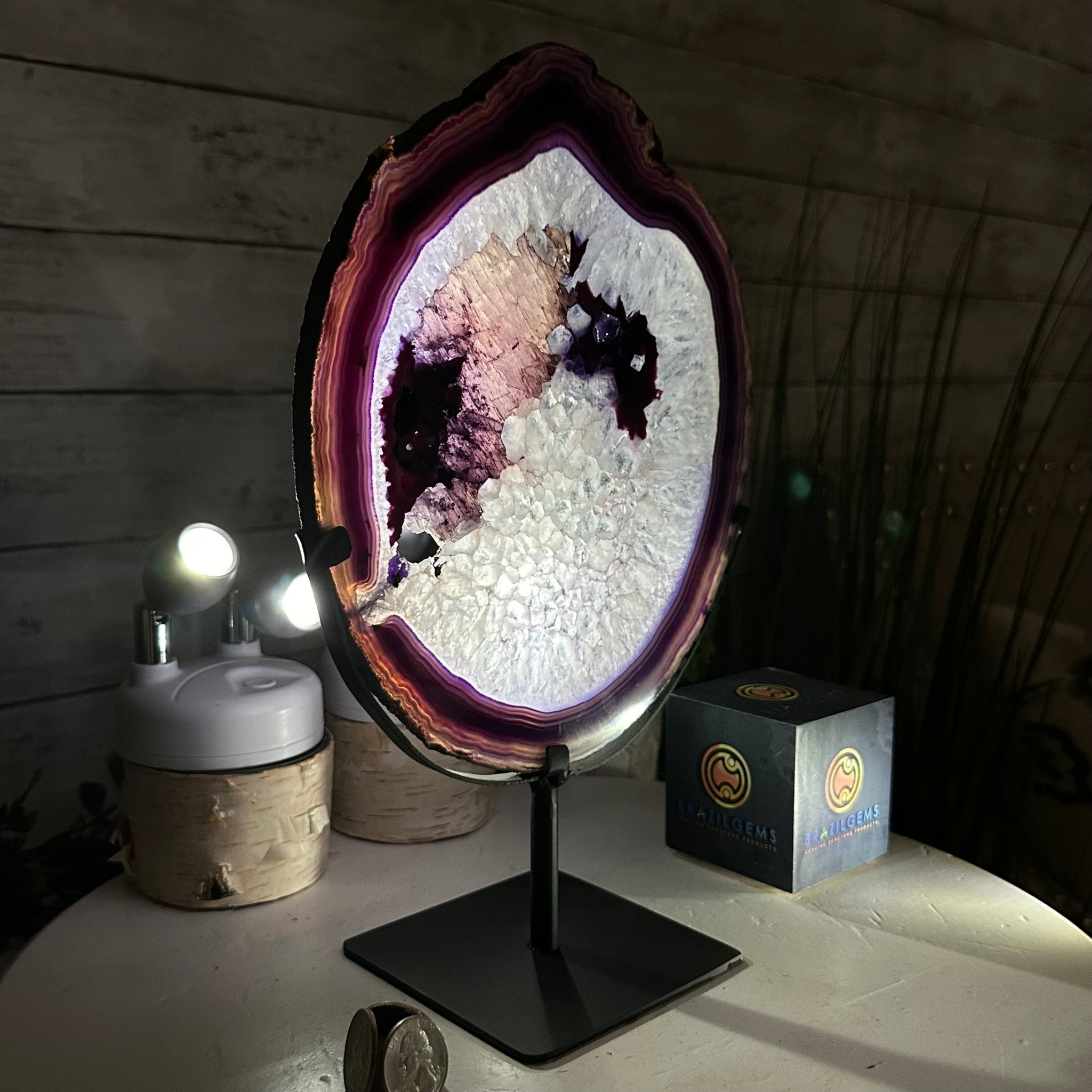 Brazilian Purple Agate Slice on Metal Base, 11.7" Tall #5065PU-047 - Brazil GemsBrazil GemsBrazilian Purple Agate Slice on Metal Base, 11.7" Tall #5065PU-047Slices on Fixed Bases5065PU-047