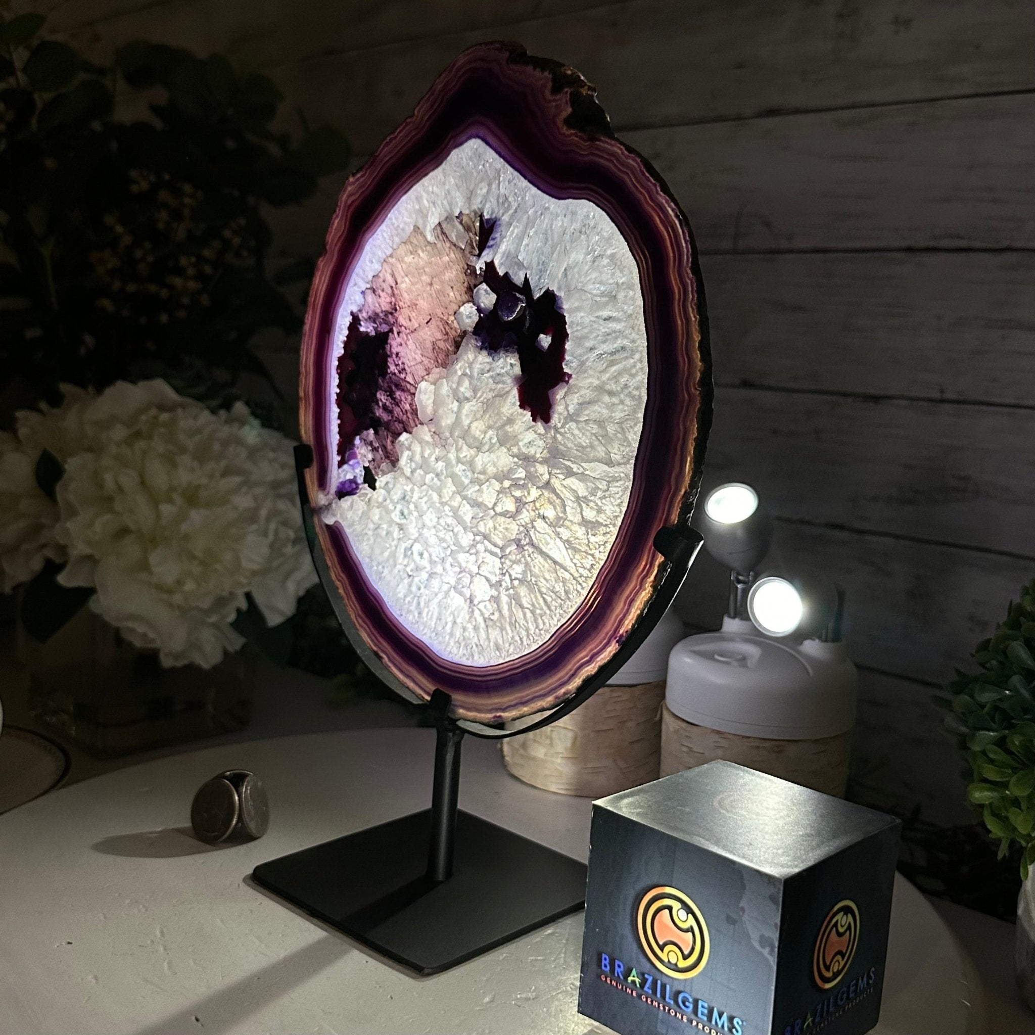 Brazilian Purple Agate Slice on Metal Base, 11.7" Tall #5065PU-047 - Brazil GemsBrazil GemsBrazilian Purple Agate Slice on Metal Base, 11.7" Tall #5065PU-047Slices on Fixed Bases5065PU-047