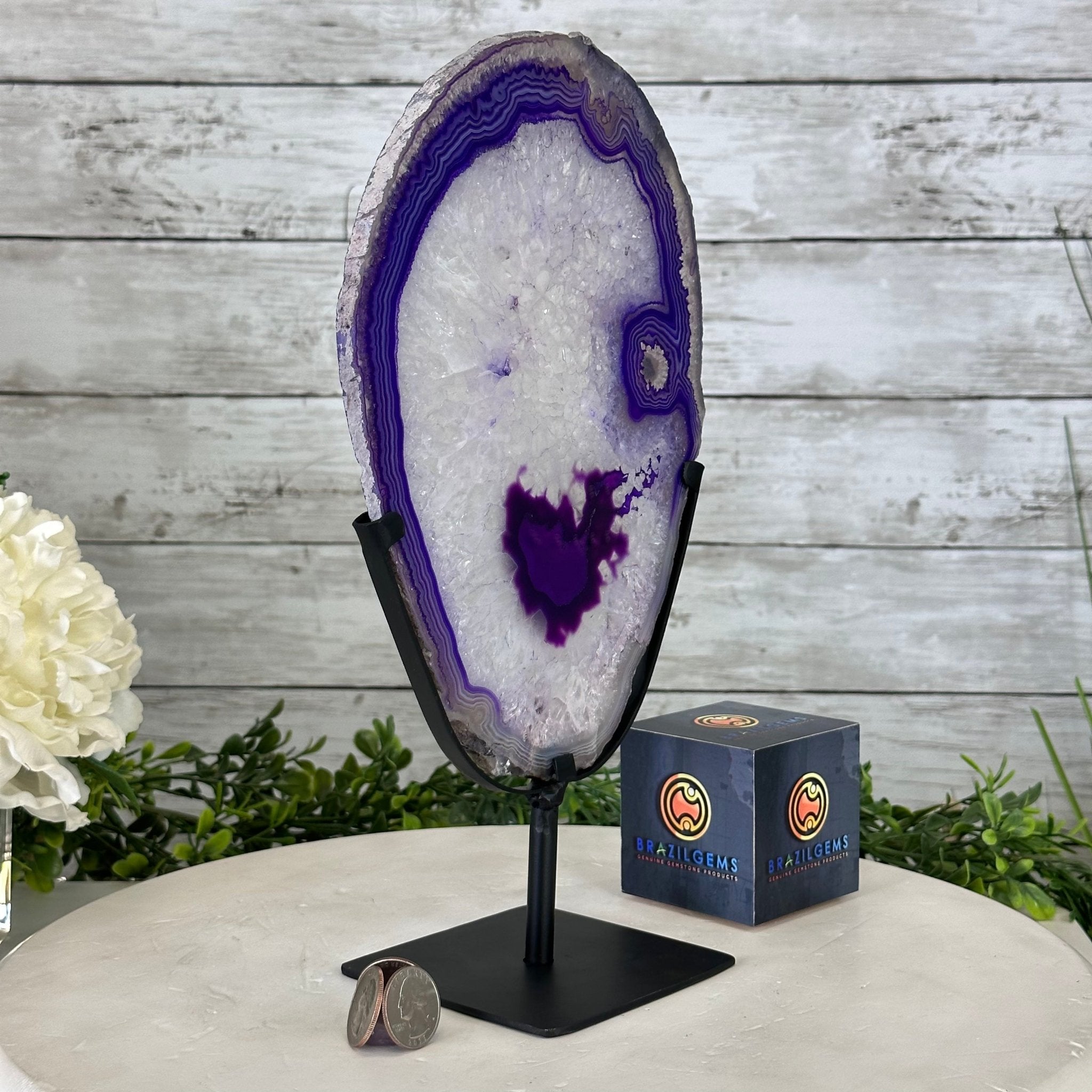 Brazilian Purple Agate Slice on Metal Base, 12.4" Tall Model #5065PU-045 by Brazil Gems - Brazil GemsBrazil GemsBrazilian Purple Agate Slice on Metal Base, 12.4" Tall Model #5065PU-045 by Brazil GemsSlices on Fixed Bases5065PU-045