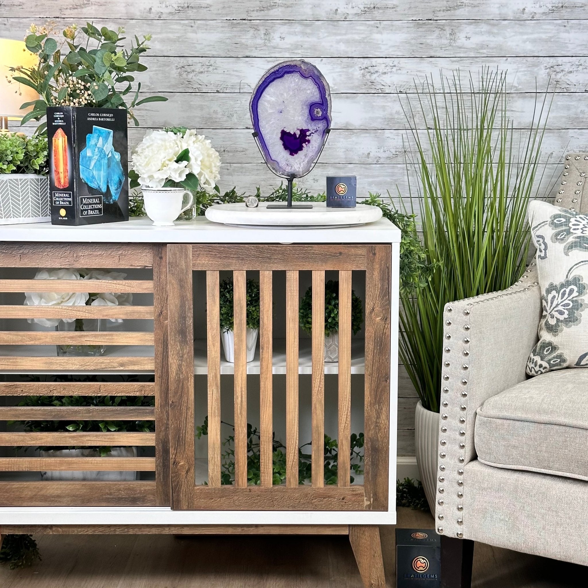 Brazilian Purple Agate Slice on Metal Base, 12.4" Tall Model #5065PU-045 by Brazil Gems - Brazil GemsBrazil GemsBrazilian Purple Agate Slice on Metal Base, 12.4" Tall Model #5065PU-045 by Brazil GemsSlices on Fixed Bases5065PU-045