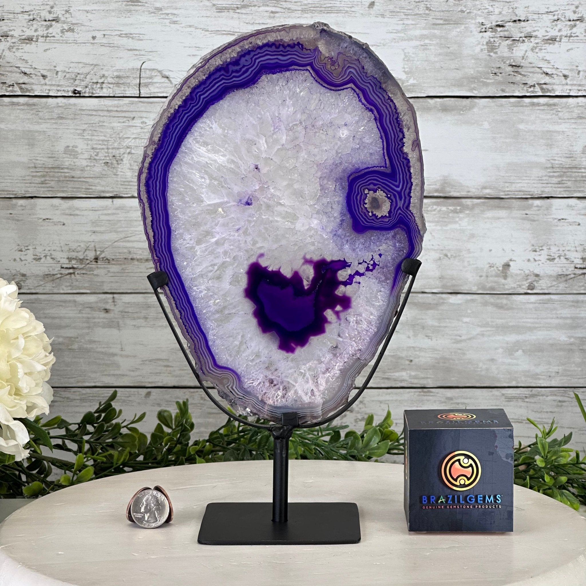 Brazilian Purple Agate Slice on Metal Base, 12.4" Tall Model #5065PU-045 by Brazil Gems - Brazil GemsBrazil GemsBrazilian Purple Agate Slice on Metal Base, 12.4" Tall Model #5065PU-045 by Brazil GemsSlices on Fixed Bases5065PU-045