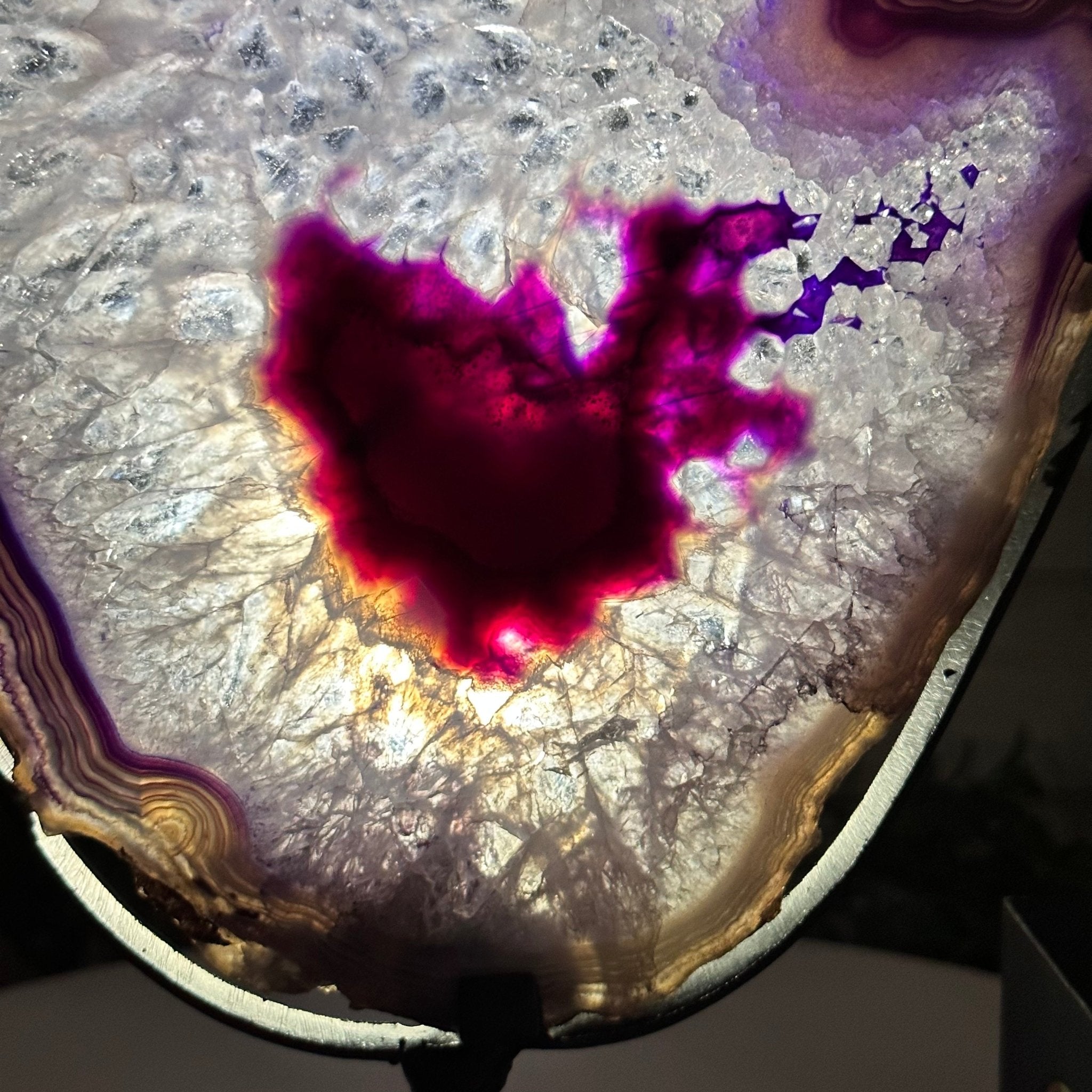 Brazilian Purple Agate Slice on Metal Base, 12.4" Tall Model #5065PU-045 by Brazil Gems - Brazil GemsBrazil GemsBrazilian Purple Agate Slice on Metal Base, 12.4" Tall Model #5065PU-045 by Brazil GemsSlices on Fixed Bases5065PU-045