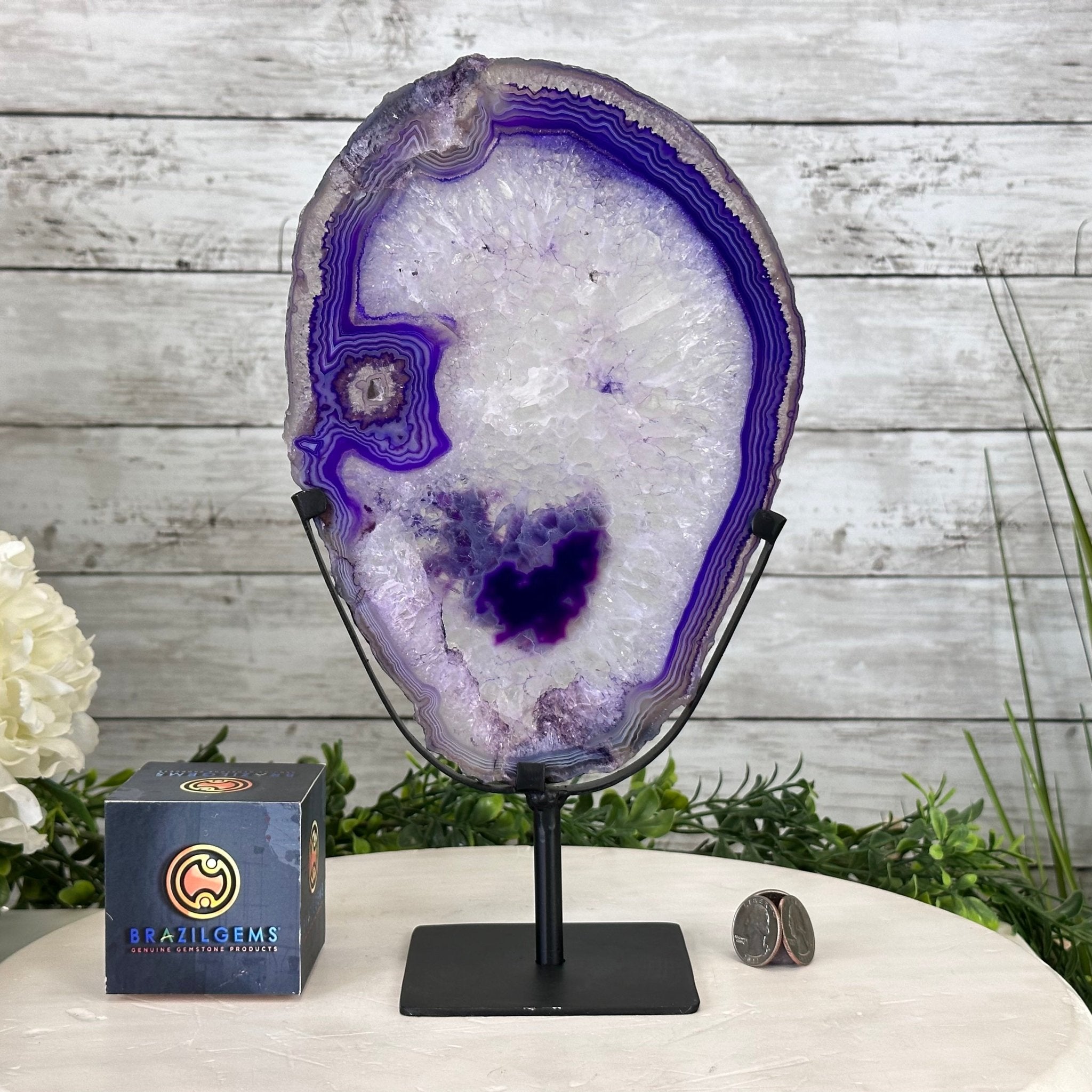 Brazilian Purple Agate Slice on Metal Base, 12.4" Tall Model #5065PU-045 by Brazil Gems - Brazil GemsBrazil GemsBrazilian Purple Agate Slice on Metal Base, 12.4" Tall Model #5065PU-045 by Brazil GemsSlices on Fixed Bases5065PU-045
