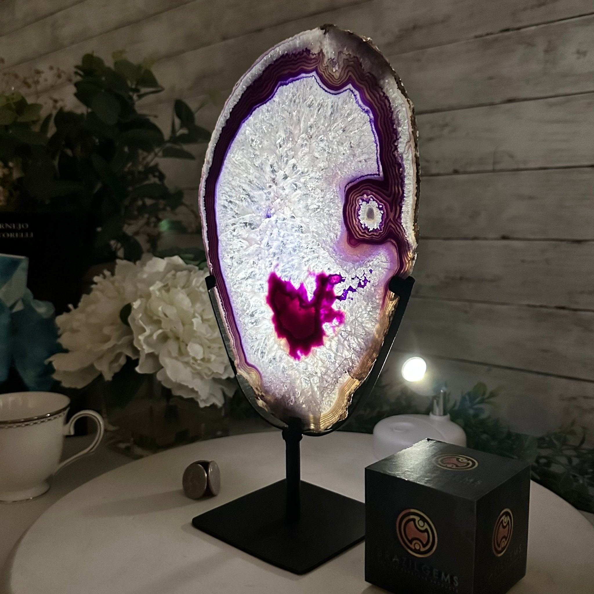 Brazilian Purple Agate Slice on Metal Base, 12.4" Tall Model #5065PU-045 by Brazil Gems - Brazil GemsBrazil GemsBrazilian Purple Agate Slice on Metal Base, 12.4" Tall Model #5065PU-045 by Brazil GemsSlices on Fixed Bases5065PU-045