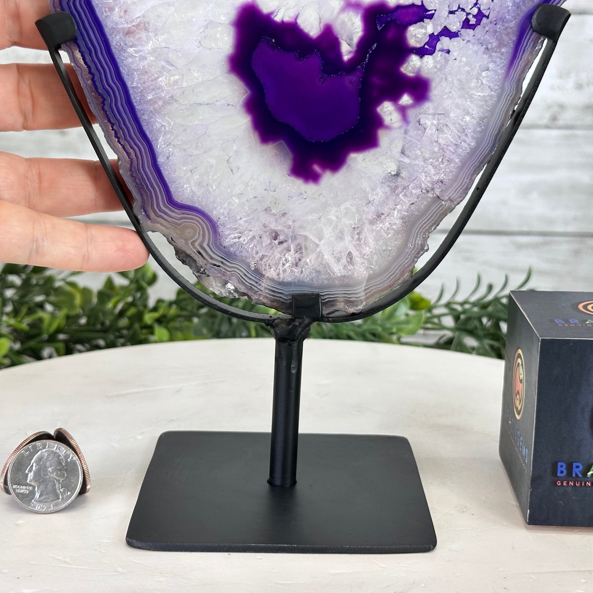 Brazilian Purple Agate Slice on Metal Base, 12.4" Tall Model #5065PU-045 by Brazil Gems - Brazil GemsBrazil GemsBrazilian Purple Agate Slice on Metal Base, 12.4" Tall Model #5065PU-045 by Brazil GemsSlices on Fixed Bases5065PU-045