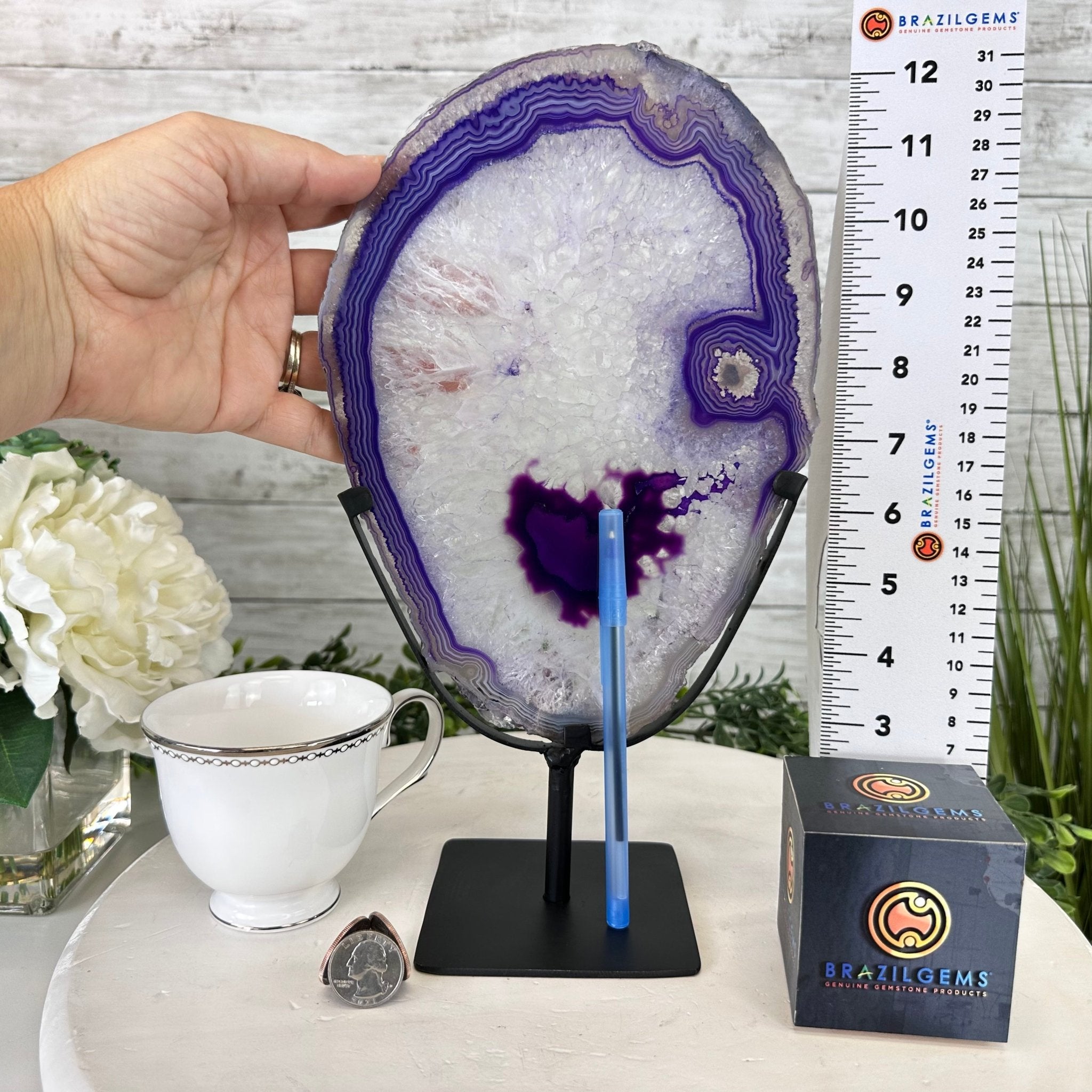 Brazilian Purple Agate Slice on Metal Base, 12.4" Tall Model #5065PU-045 by Brazil Gems - Brazil GemsBrazil GemsBrazilian Purple Agate Slice on Metal Base, 12.4" Tall Model #5065PU-045 by Brazil GemsSlices on Fixed Bases5065PU-045