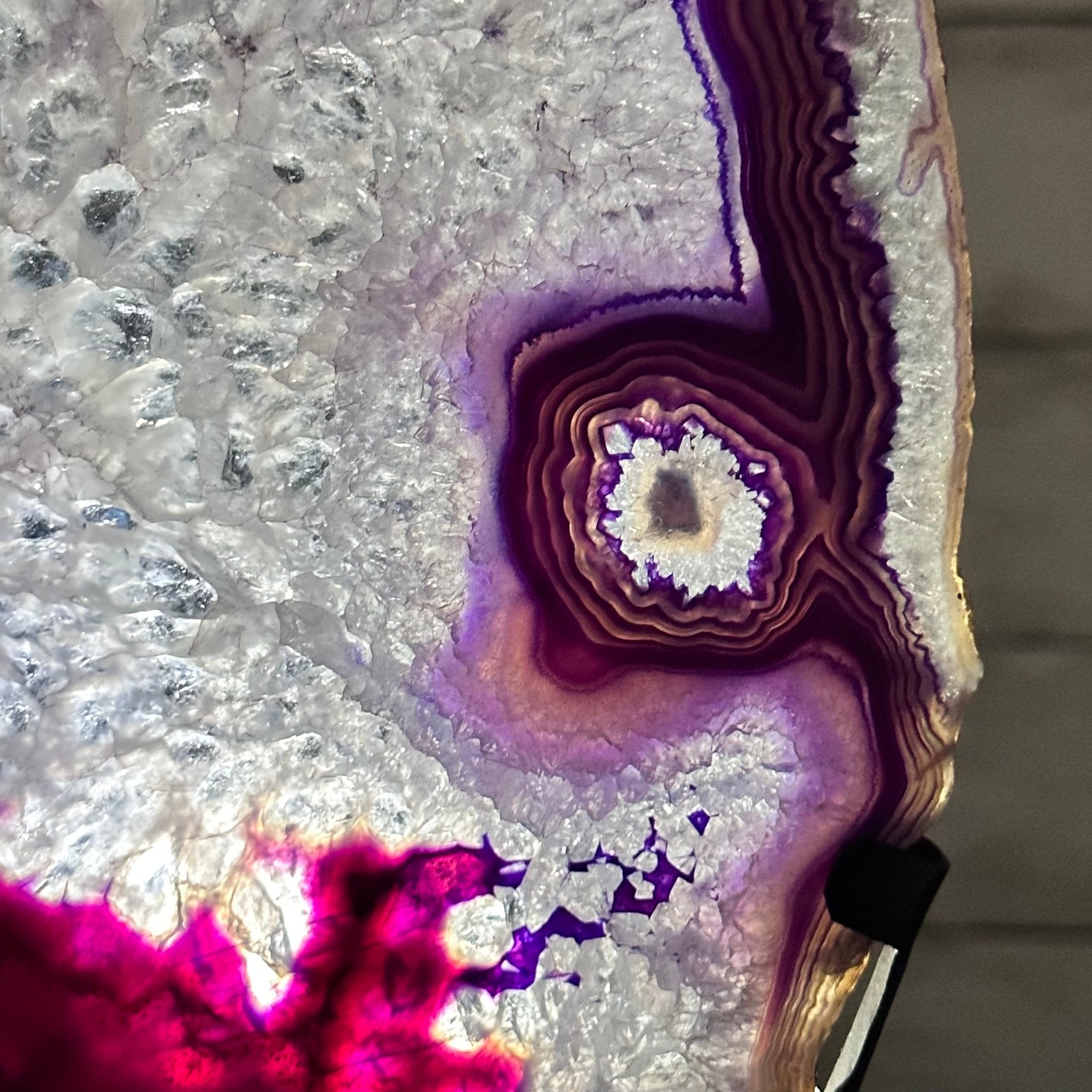 Brazilian Purple Agate Slice on Metal Base, 12.4" Tall Model #5065PU-045 by Brazil Gems - Brazil GemsBrazil GemsBrazilian Purple Agate Slice on Metal Base, 12.4" Tall Model #5065PU-045 by Brazil GemsSlices on Fixed Bases5065PU-045