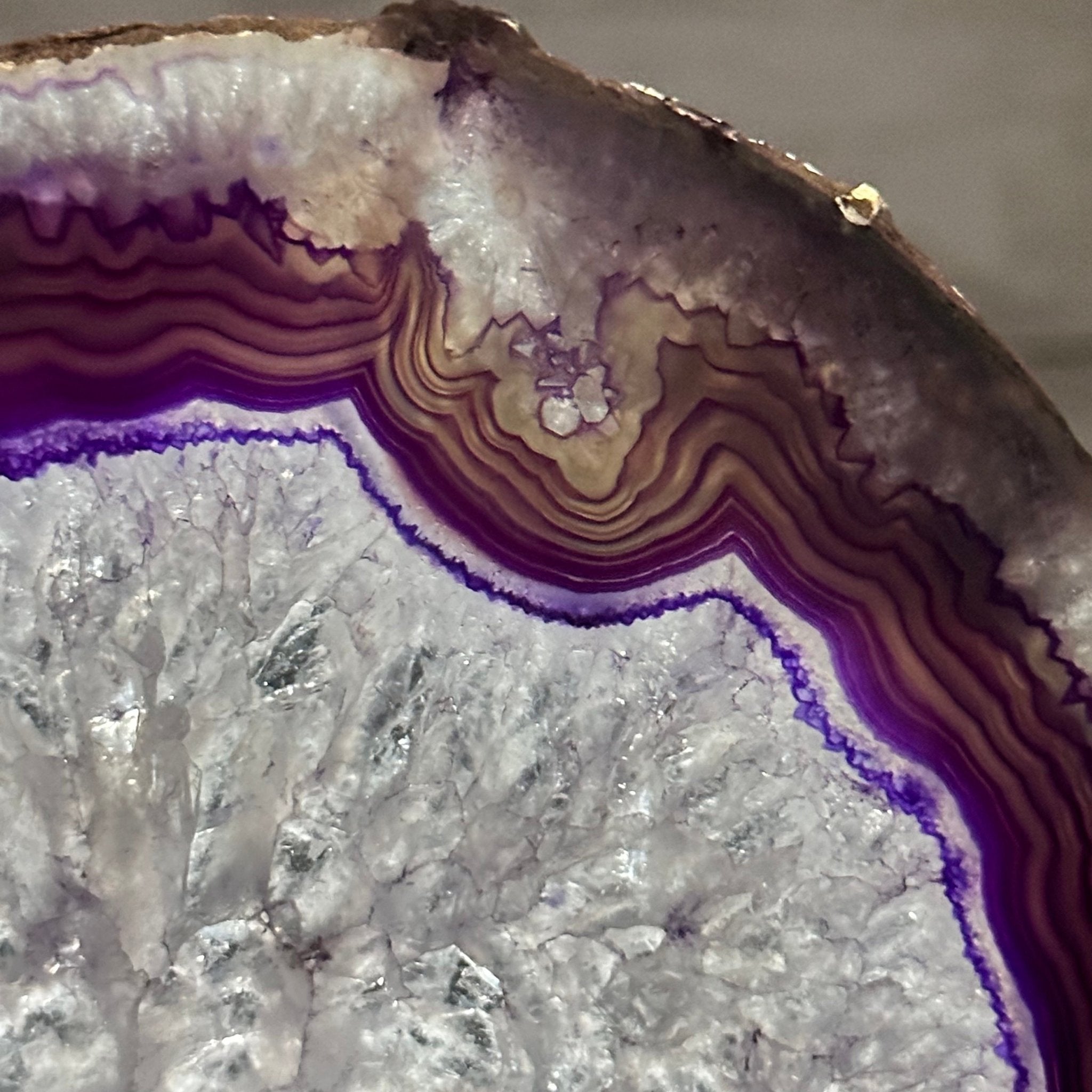 Brazilian Purple Agate Slice on Metal Base, 12.4" Tall Model #5065PU-045 by Brazil Gems - Brazil GemsBrazil GemsBrazilian Purple Agate Slice on Metal Base, 12.4" Tall Model #5065PU-045 by Brazil GemsSlices on Fixed Bases5065PU-045
