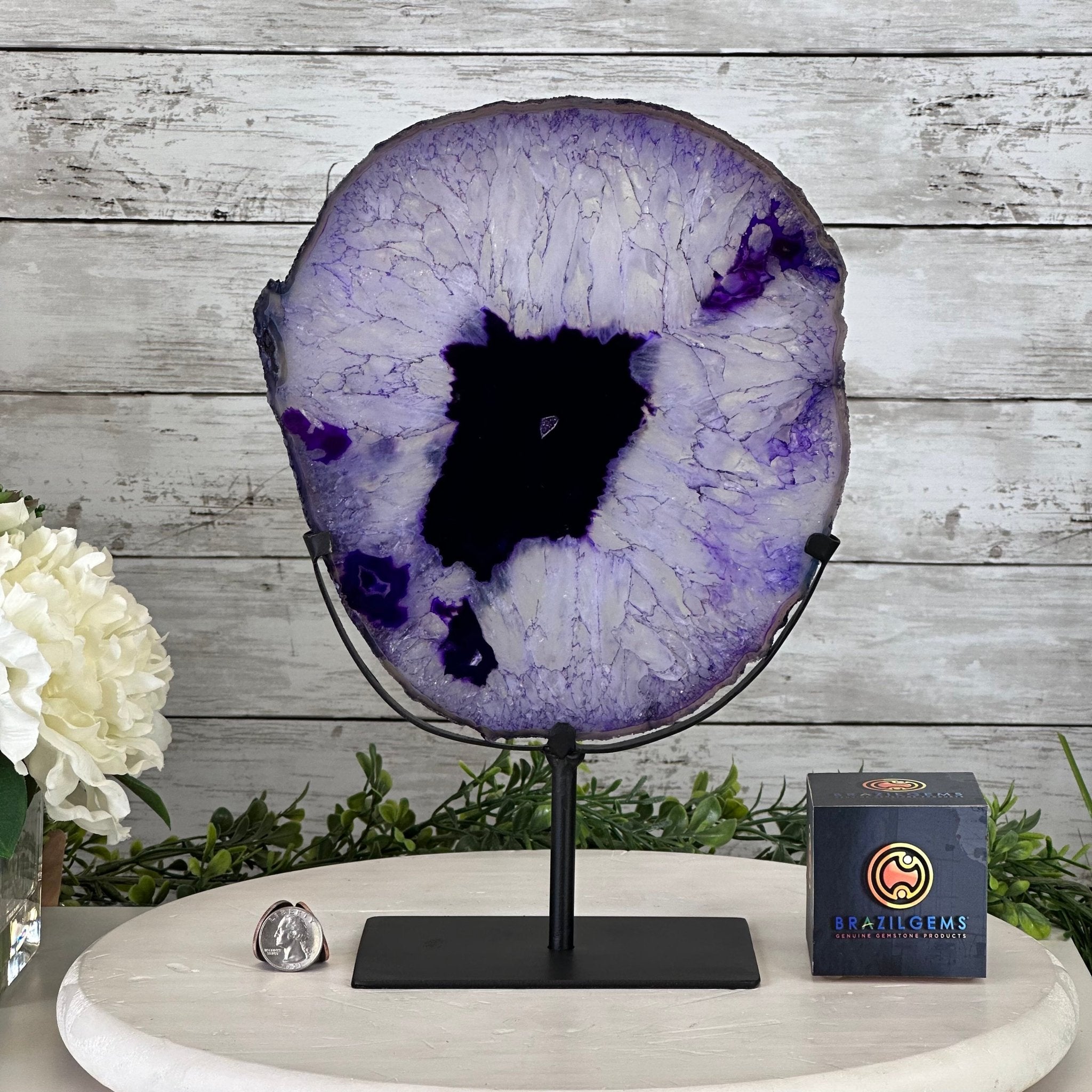 Brazilian Purple Agate Slice on Metal Base, 12.5" Tall Model #5065PU-052 by Brazil Gems - Brazil GemsBrazil GemsBrazilian Purple Agate Slice on Metal Base, 12.5" Tall Model #5065PU-052 by Brazil GemsSlices on Fixed Bases5065PU-052