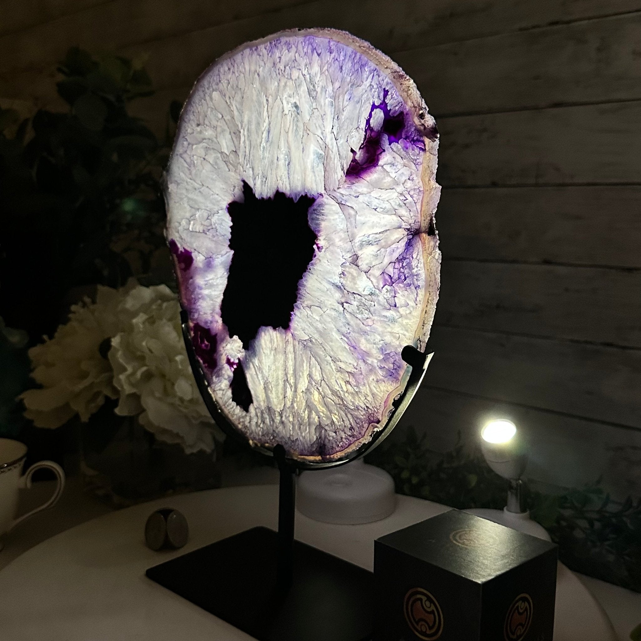 Brazilian Purple Agate Slice on Metal Base, 12.5" Tall Model #5065PU-052 by Brazil Gems - Brazil GemsBrazil GemsBrazilian Purple Agate Slice on Metal Base, 12.5" Tall Model #5065PU-052 by Brazil GemsSlices on Fixed Bases5065PU-052