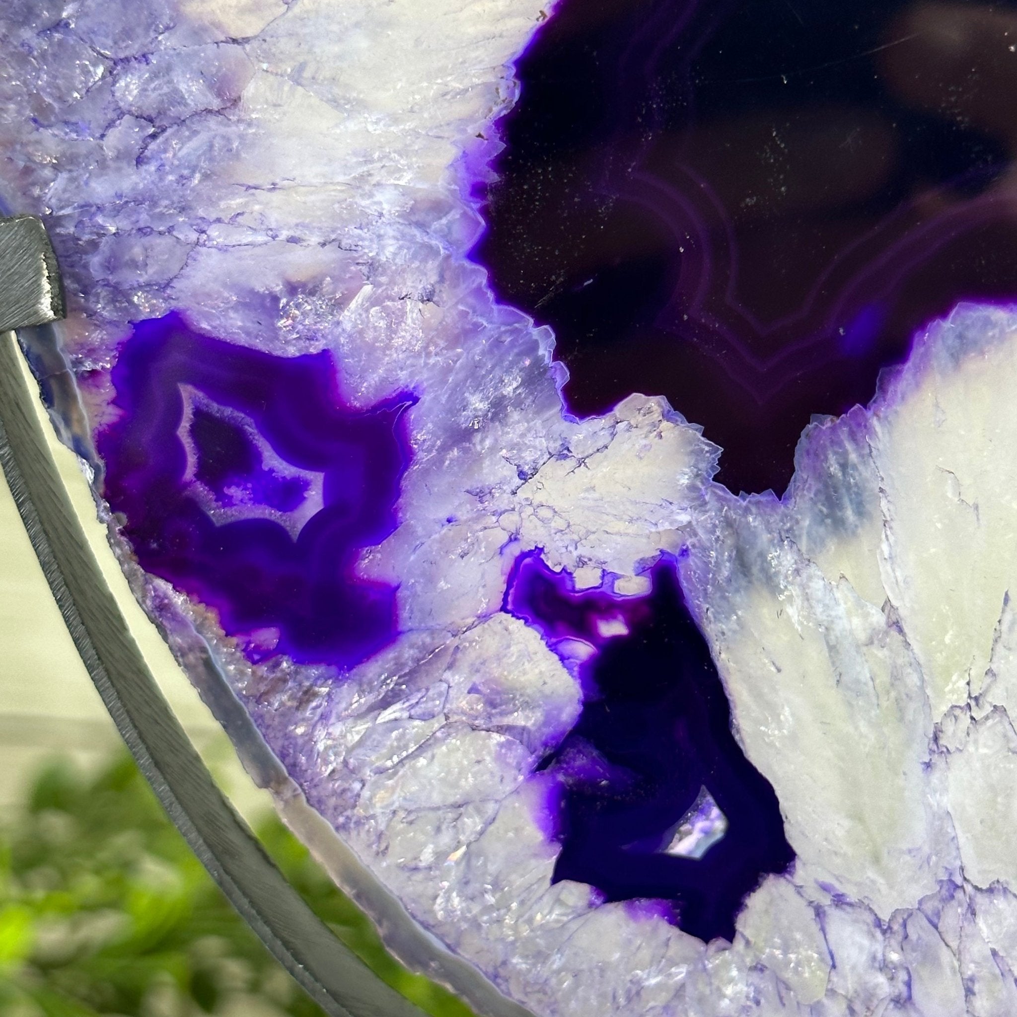 Brazilian Purple Agate Slice on Metal Base, 12.5" Tall Model #5065PU-052 by Brazil Gems - Brazil GemsBrazil GemsBrazilian Purple Agate Slice on Metal Base, 12.5" Tall Model #5065PU-052 by Brazil GemsSlices on Fixed Bases5065PU-052