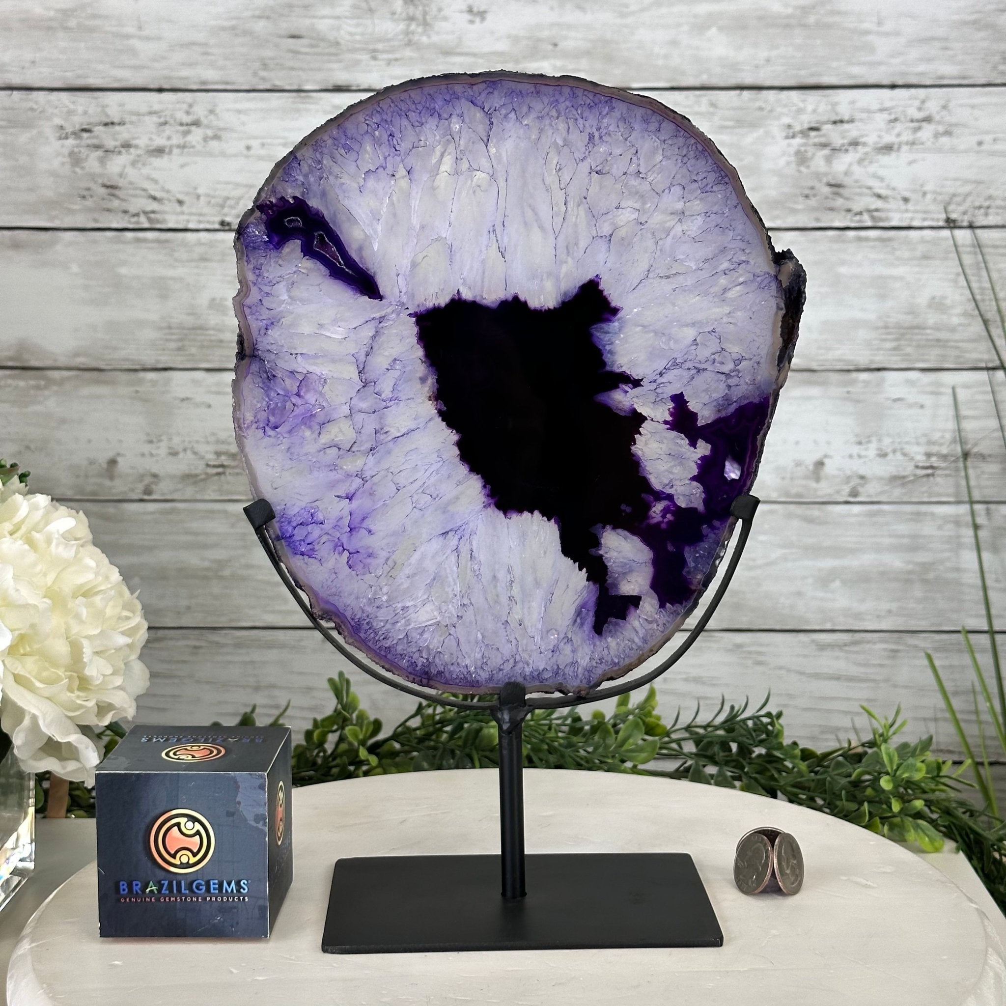 Brazilian Purple Agate Slice on Metal Base, 12.5" Tall Model #5065PU-052 by Brazil Gems - Brazil GemsBrazil GemsBrazilian Purple Agate Slice on Metal Base, 12.5" Tall Model #5065PU-052 by Brazil GemsSlices on Fixed Bases5065PU-052