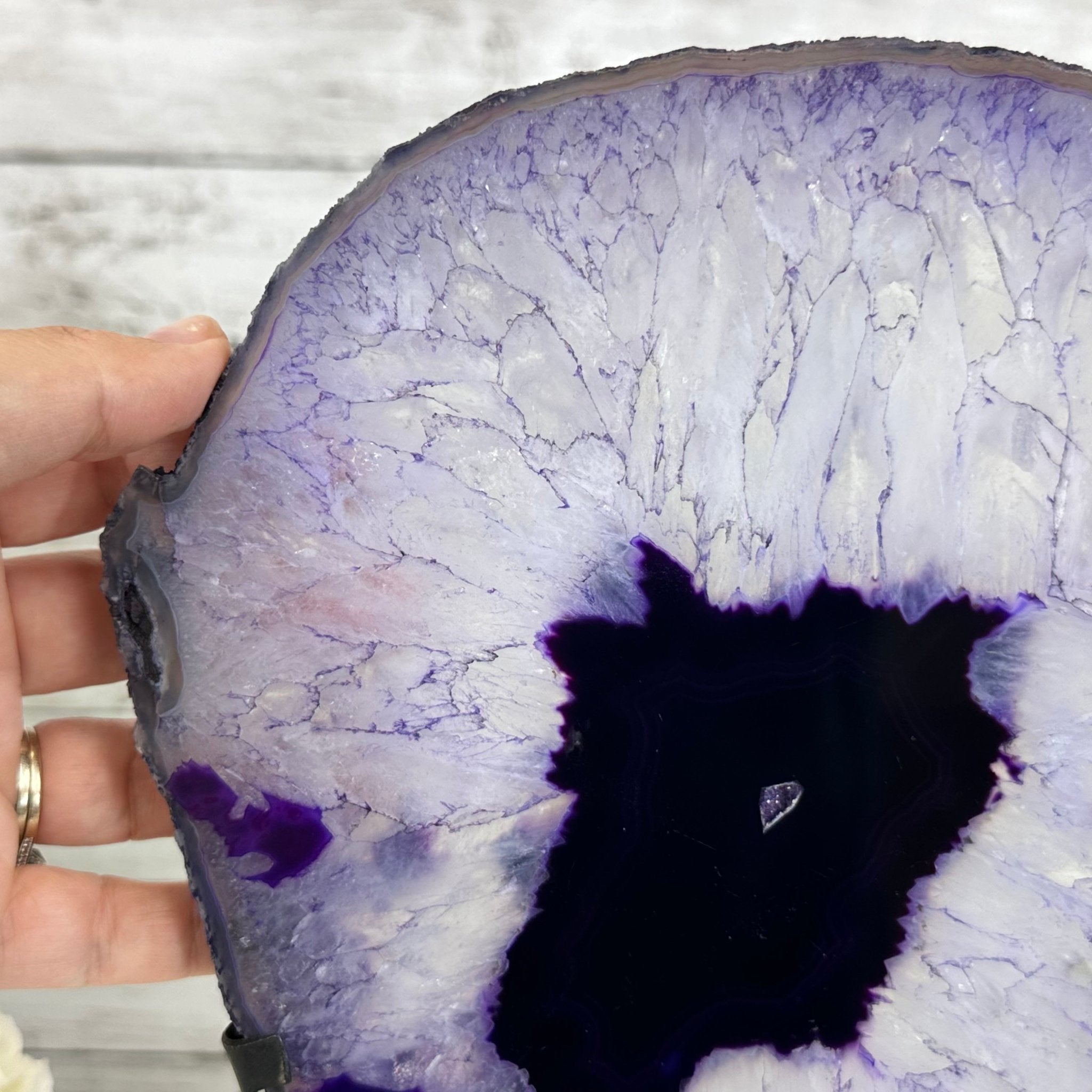 Brazilian Purple Agate Slice on Metal Base, 12.5" Tall Model #5065PU-052 by Brazil Gems - Brazil GemsBrazil GemsBrazilian Purple Agate Slice on Metal Base, 12.5" Tall Model #5065PU-052 by Brazil GemsSlices on Fixed Bases5065PU-052