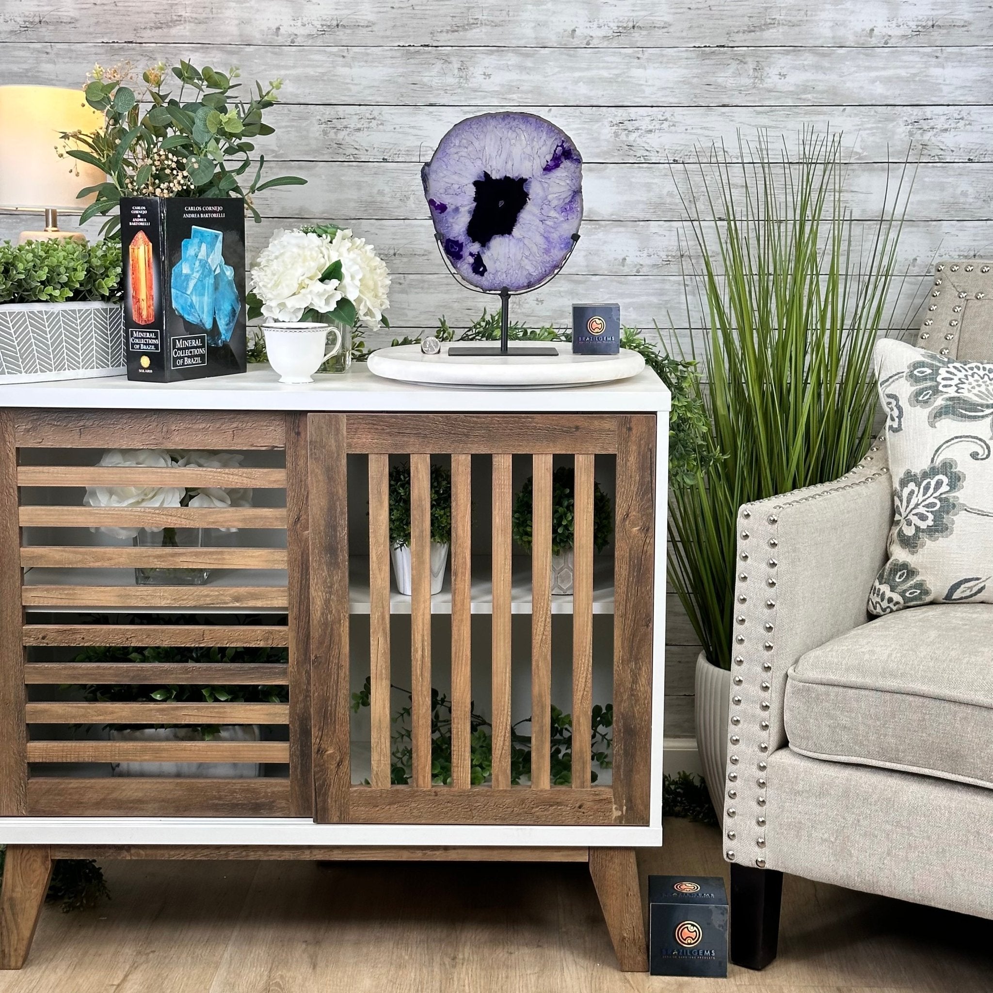 Brazilian Purple Agate Slice on Metal Base, 12.5" Tall Model #5065PU-052 by Brazil Gems - Brazil GemsBrazil GemsBrazilian Purple Agate Slice on Metal Base, 12.5" Tall Model #5065PU-052 by Brazil GemsSlices on Fixed Bases5065PU-052