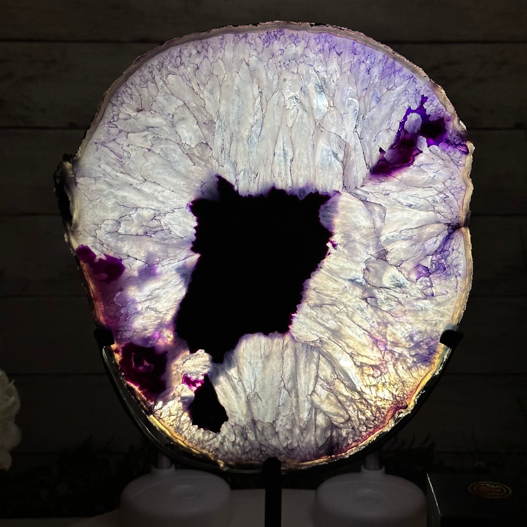 Brazilian Purple Agate Slice on Metal Base, 12.5" Tall Model #5065PU-052 by Brazil Gems - Brazil GemsBrazil GemsBrazilian Purple Agate Slice on Metal Base, 12.5" Tall Model #5065PU-052 by Brazil GemsSlices on Fixed Bases5065PU-052