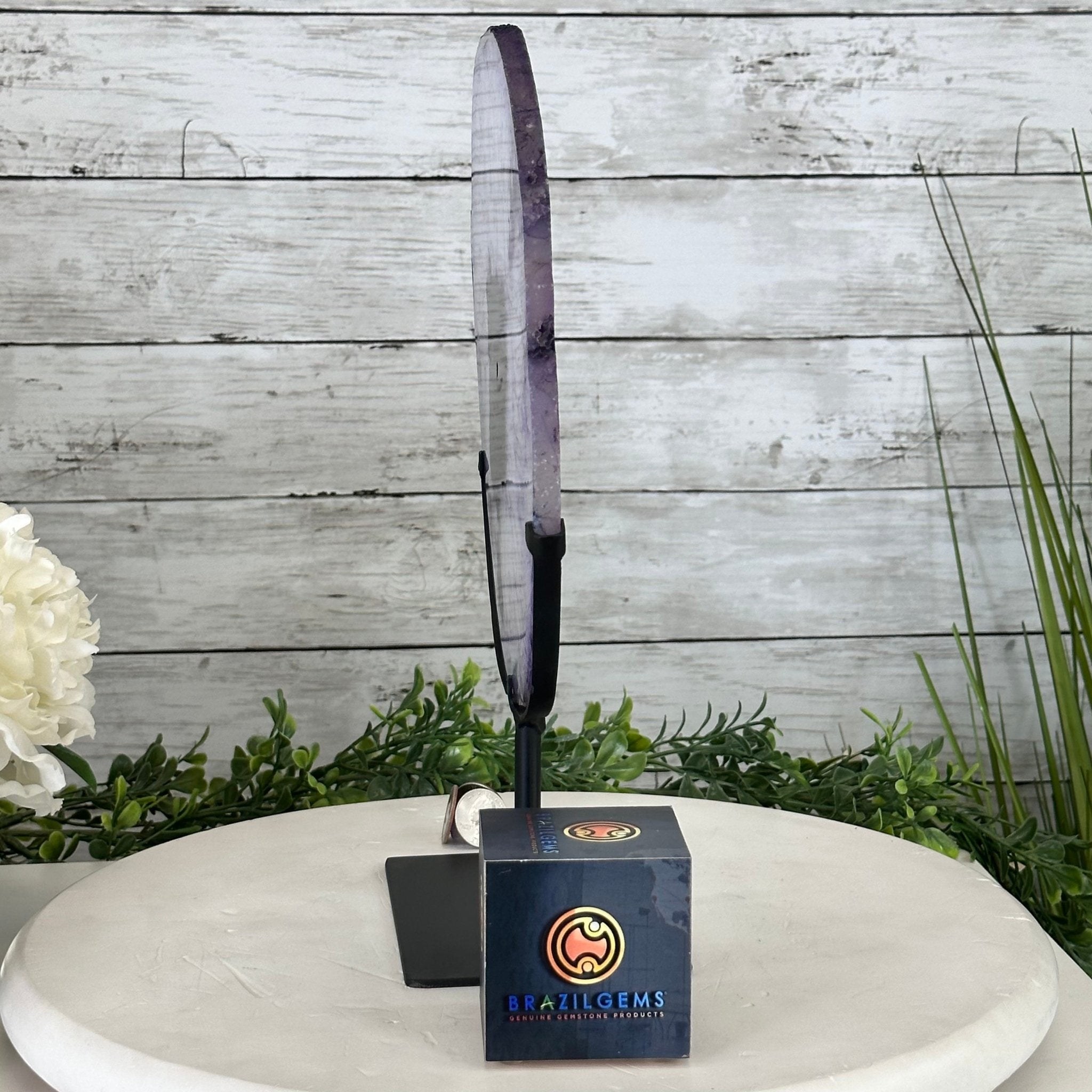 Brazilian Purple Agate Slice on Metal Base, 12.5" Tall Model #5065PU-052 by Brazil Gems - Brazil GemsBrazil GemsBrazilian Purple Agate Slice on Metal Base, 12.5" Tall Model #5065PU-052 by Brazil GemsSlices on Fixed Bases5065PU-052