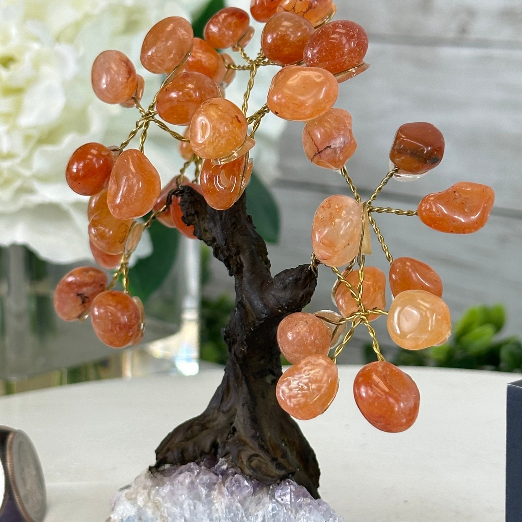 Carnelian 5" Tall Handmade Gemstone Tree on a Crystal base, 35 Gems #5401CARN - Brazil GemsBrazil GemsCarnelian 5" Tall Handmade Gemstone Tree on a Crystal base, 35 Gems #5401CARNGemstone Trees5401CARN