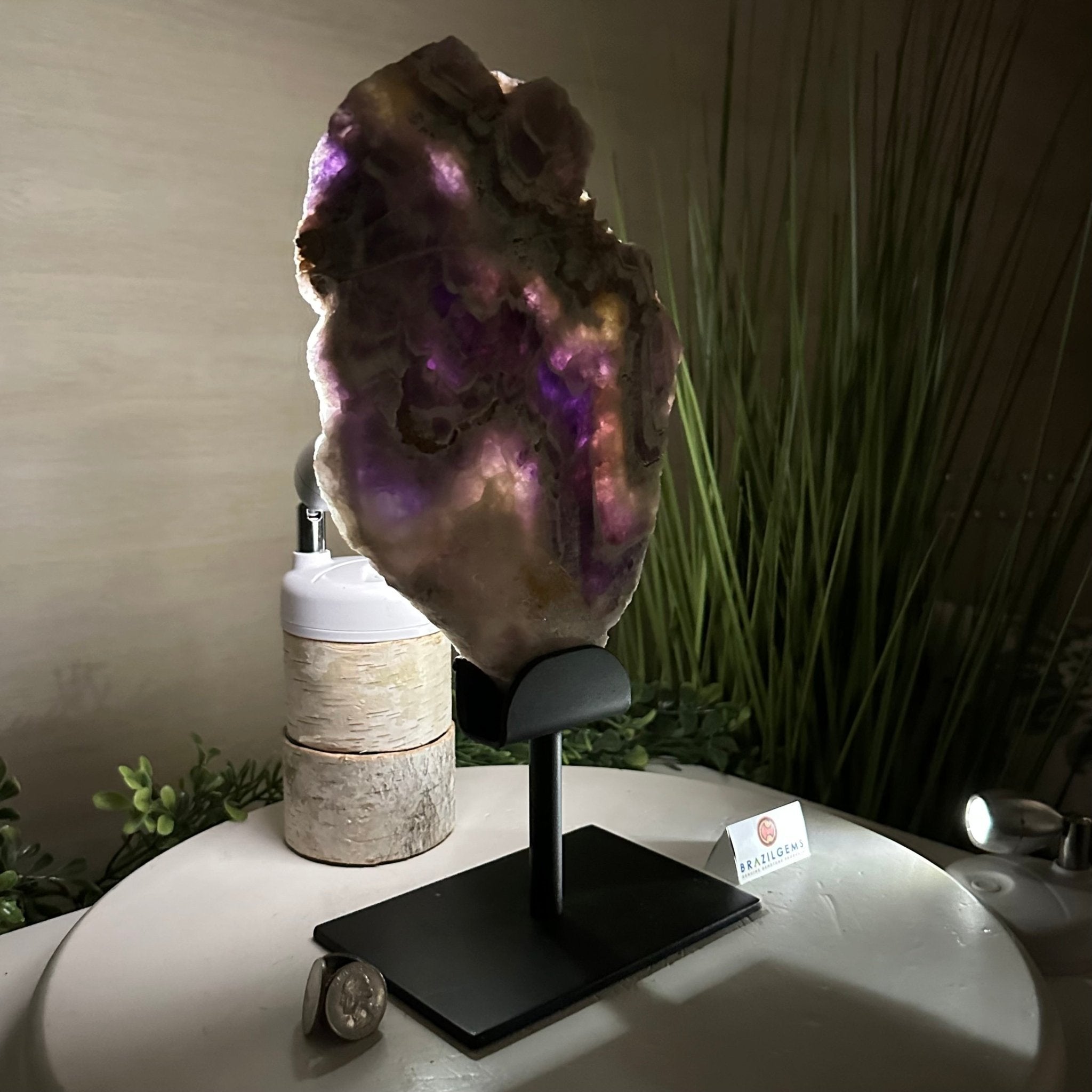 Chevron Amethyst Crystal Slice on a Stand, 4.3 lbs & 13.1" Tall #5621AC - 009 - Brazil GemsBrazil GemsChevron Amethyst Crystal Slice on a Stand, 4.3 lbs & 13.1" Tall #5621AC - 009Slices on Fixed Bases5621AC - 009