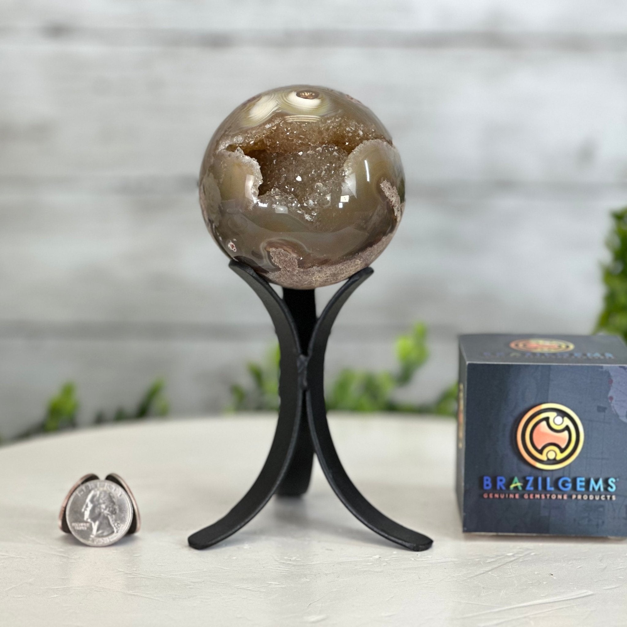 Druzy Agate Sphere on a Metal Stand, 1.2 lbs & 6.6" Tall #5634-0005 - Brazil GemsBrazil GemsDruzy Agate Sphere on a Metal Stand, 1.2 lbs & 6.6" Tall #5634-0005Spheres5634-0005