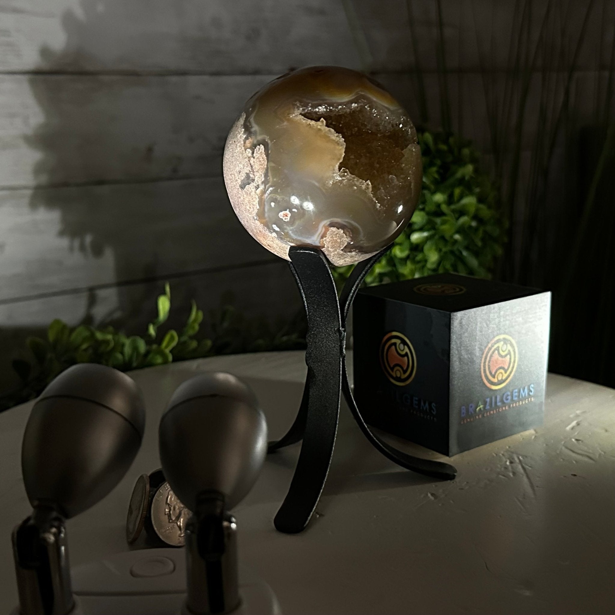 Druzy Agate Sphere on a Metal Stand, 1.2 lbs & 6.6" Tall #5634-0005 - Brazil GemsBrazil GemsDruzy Agate Sphere on a Metal Stand, 1.2 lbs & 6.6" Tall #5634-0005Spheres5634-0005