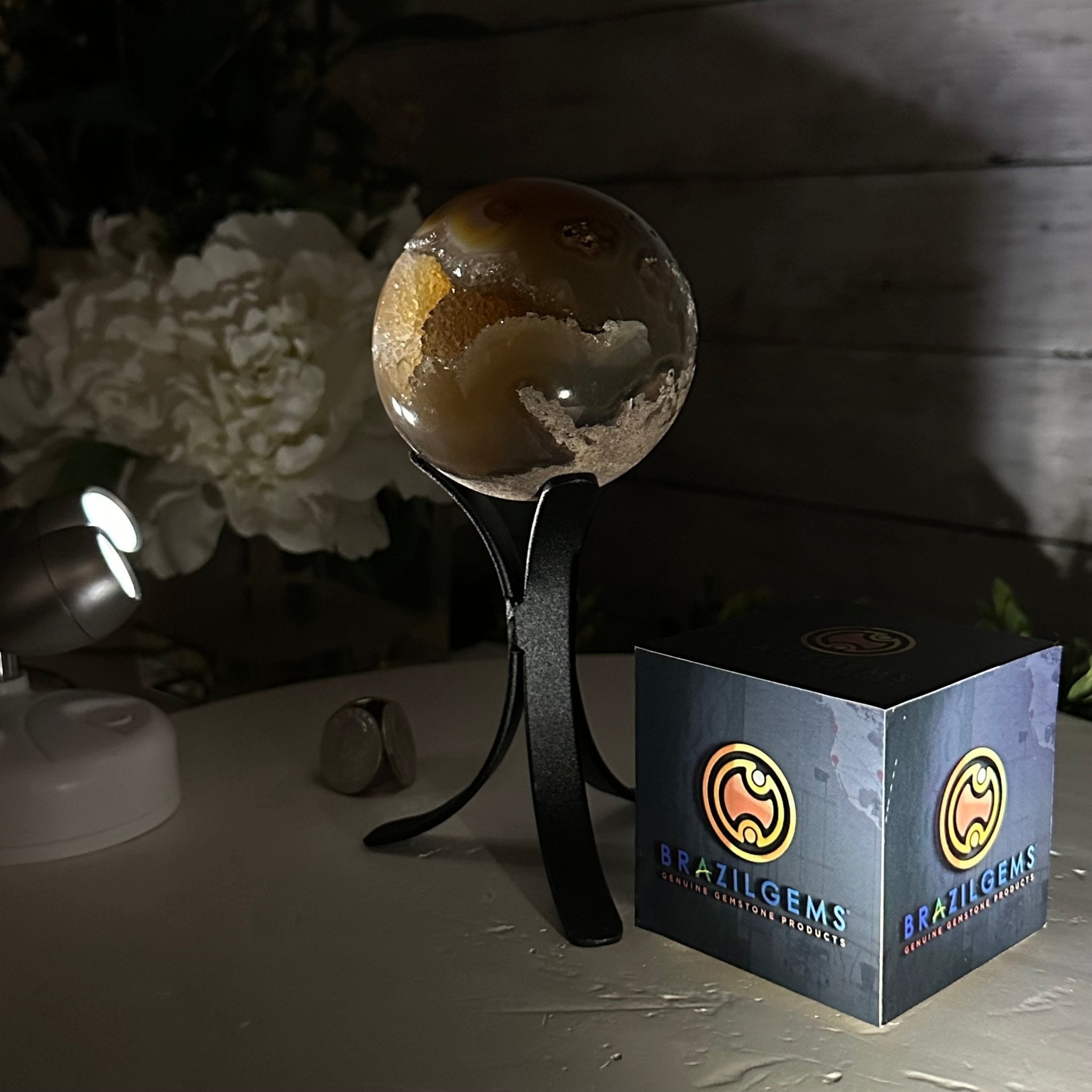 Druzy Agate Sphere on a Metal Stand, 1.2 lbs & 6.6" Tall #5634-0005 - Brazil GemsBrazil GemsDruzy Agate Sphere on a Metal Stand, 1.2 lbs & 6.6" Tall #5634-0005Spheres5634-0005