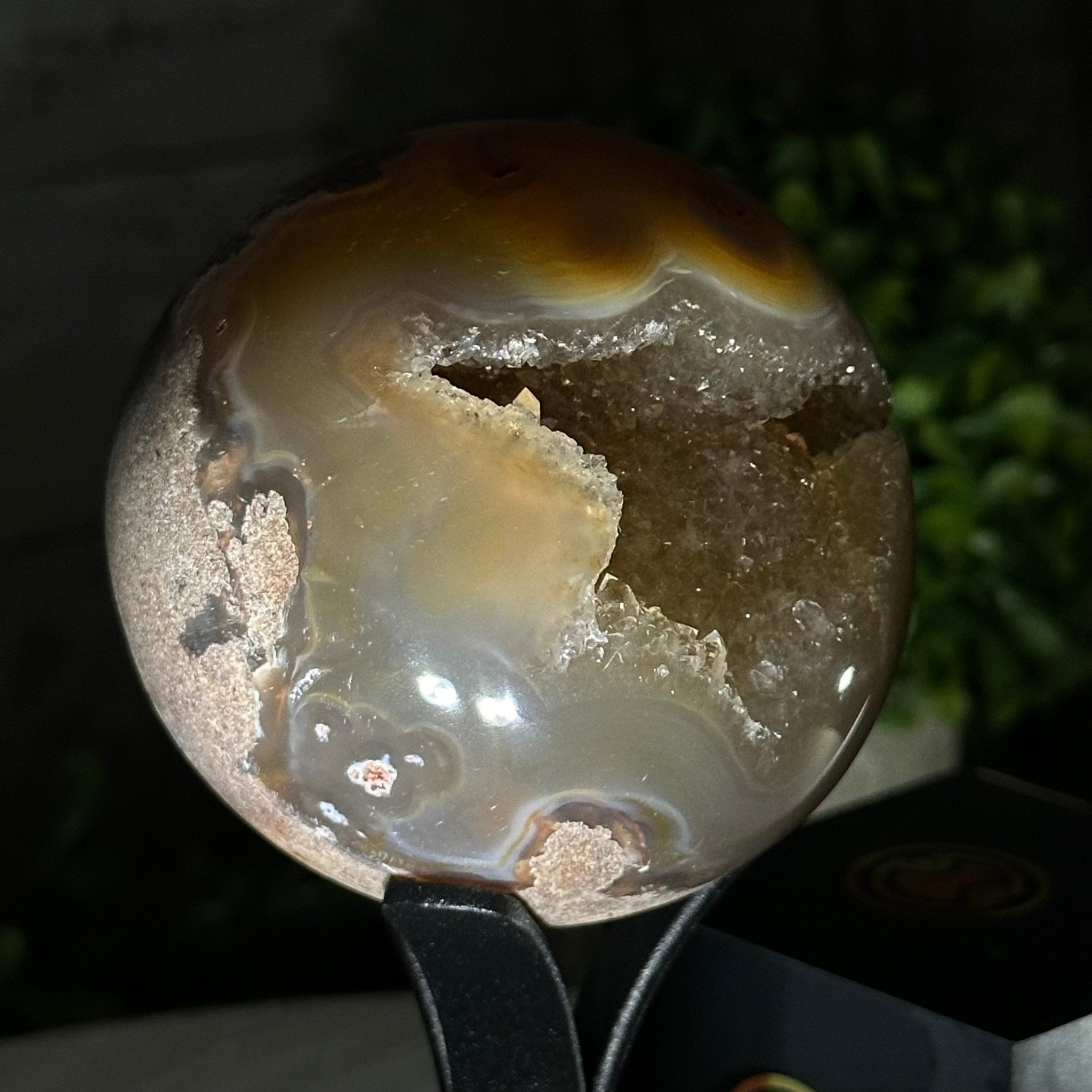 Druzy Agate Sphere on a Metal Stand, 1.2 lbs & 6.6" Tall #5634-0005 - Brazil GemsBrazil GemsDruzy Agate Sphere on a Metal Stand, 1.2 lbs & 6.6" Tall #5634-0005Spheres5634-0005