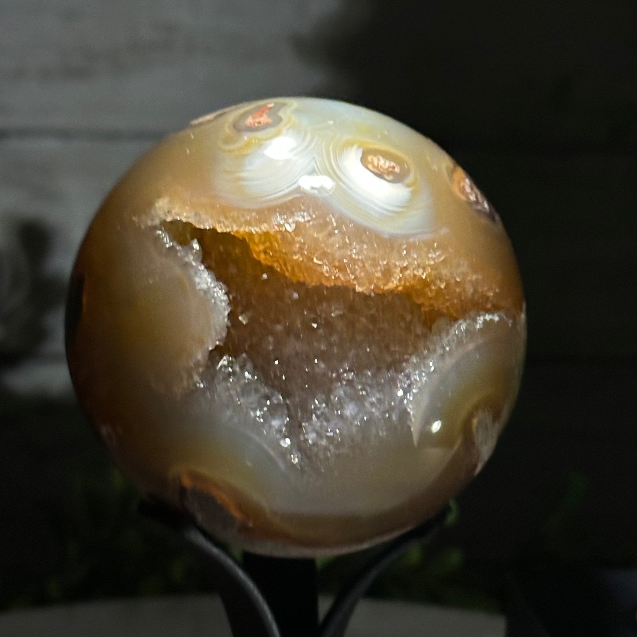 Druzy Agate Sphere on a Metal Stand, 1.2 lbs & 6.6" Tall #5634-0005 - Brazil GemsBrazil GemsDruzy Agate Sphere on a Metal Stand, 1.2 lbs & 6.6" Tall #5634-0005Spheres5634-0005