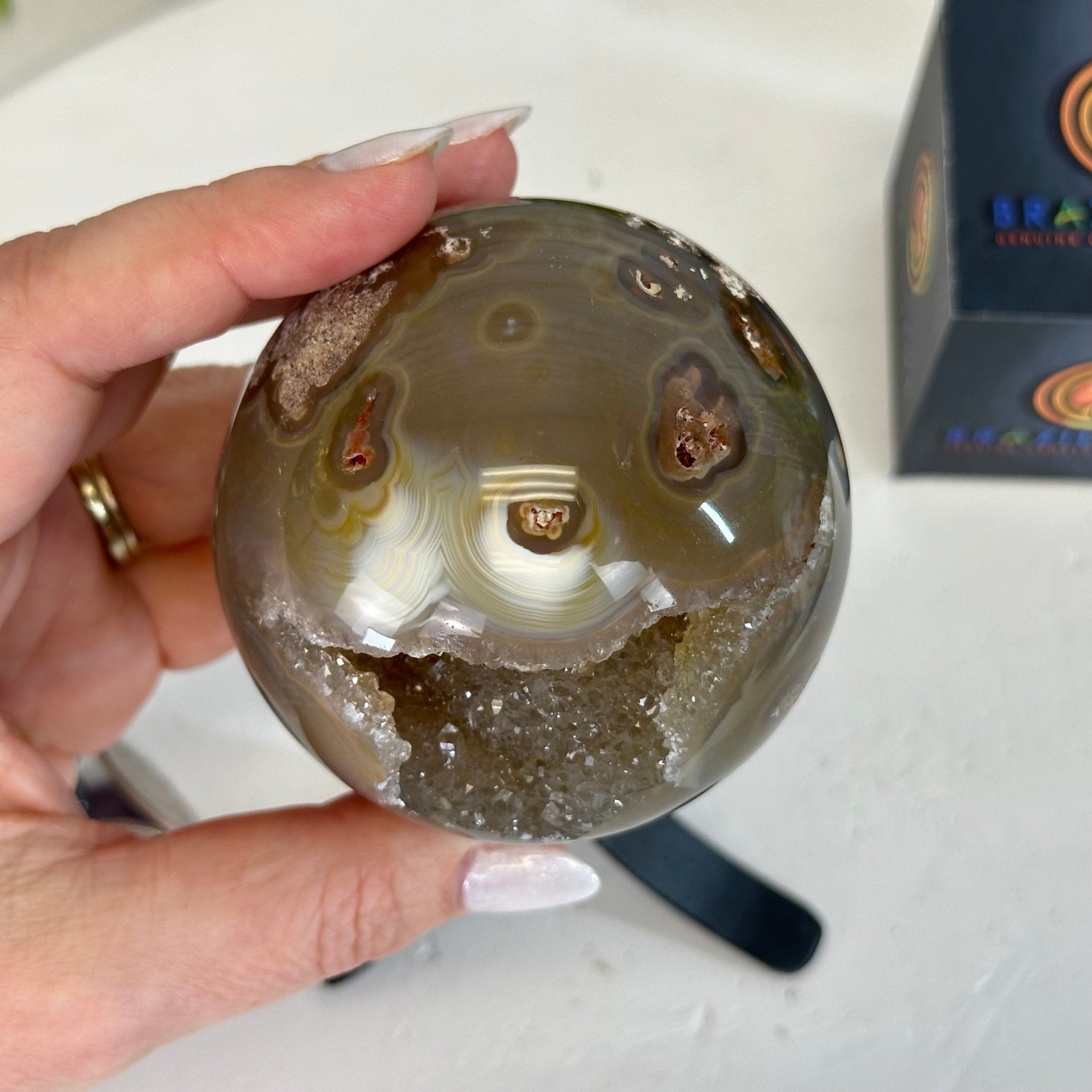 Druzy Agate Sphere on a Metal Stand, 1.2 lbs & 6.6" Tall #5634-0005 - Brazil GemsBrazil GemsDruzy Agate Sphere on a Metal Stand, 1.2 lbs & 6.6" Tall #5634-0005Spheres5634-0005